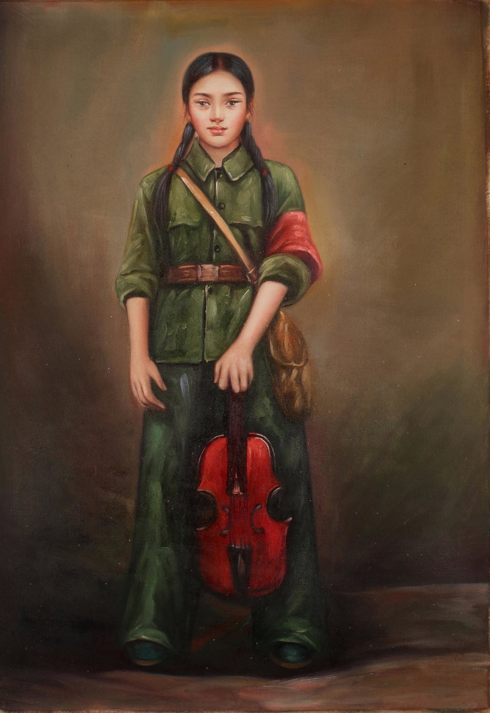 REVOLUTIONARY GIRL WITH VIOLIN ON CANVAS: REVOLUTIONARY GIRL WITH VIOLIN ON CANVAS: She is standing in uniform with red arm band and canteen around her body, holding a violin. 36" X 24 1/2" $200 -