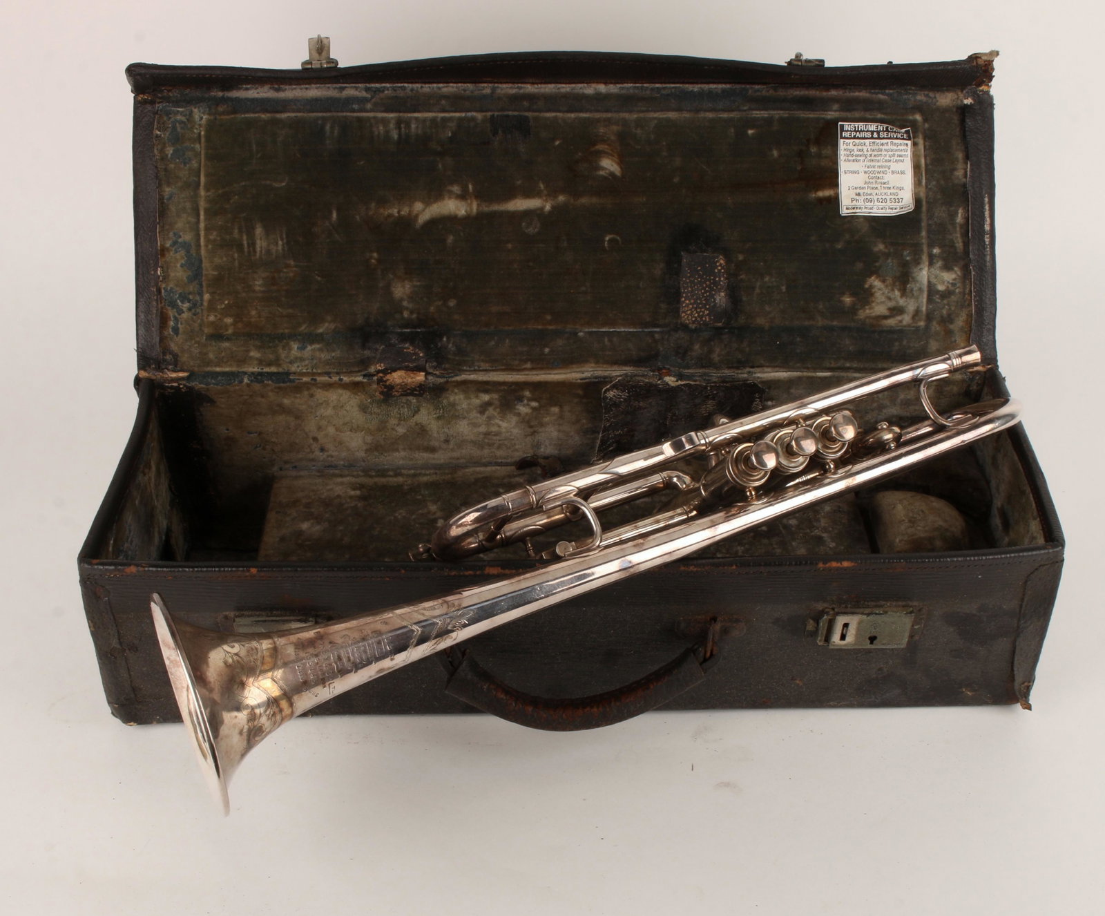VINTAGE BOOSEY & CO. LIMITED SILBRON CORNET: VINTAGE BOOSEY & CO. LIMITED SILBRON CORNET: All engraved on the bell; 'Small bore N.V.A. "Silbron" registered. Class A. Trademark Boosey & Co. Ltd. Makers London. 133145. British th