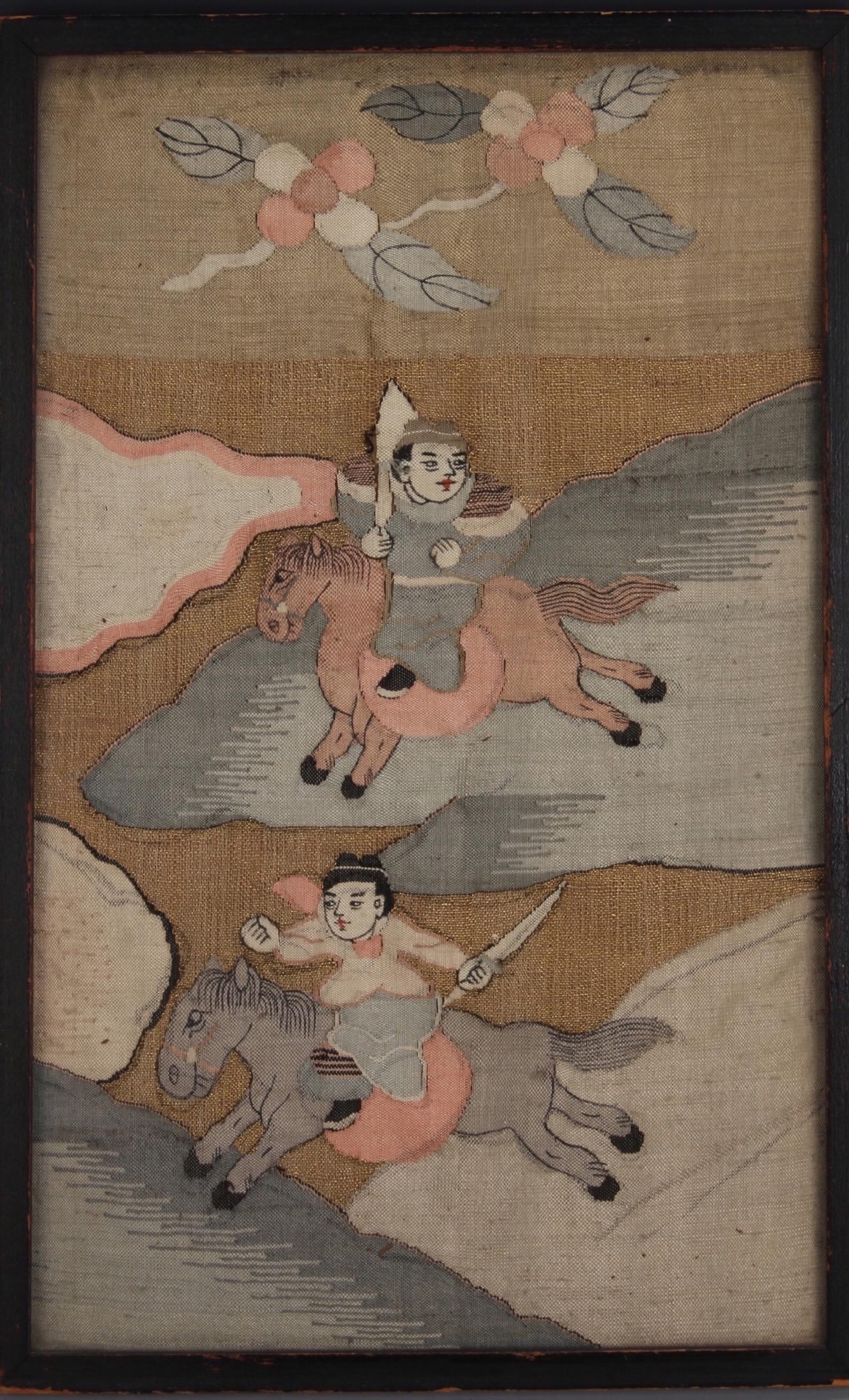 19TH C KOO SUN KESI TAPESTRY: 19TH C KOO SUN KESI TAPESTRY: Depicts two warriors on horseback. The warriors are in black, pink, and gray with gold mesh backgrounds. The top of the panel features cherry blossoms. Extremely detailed