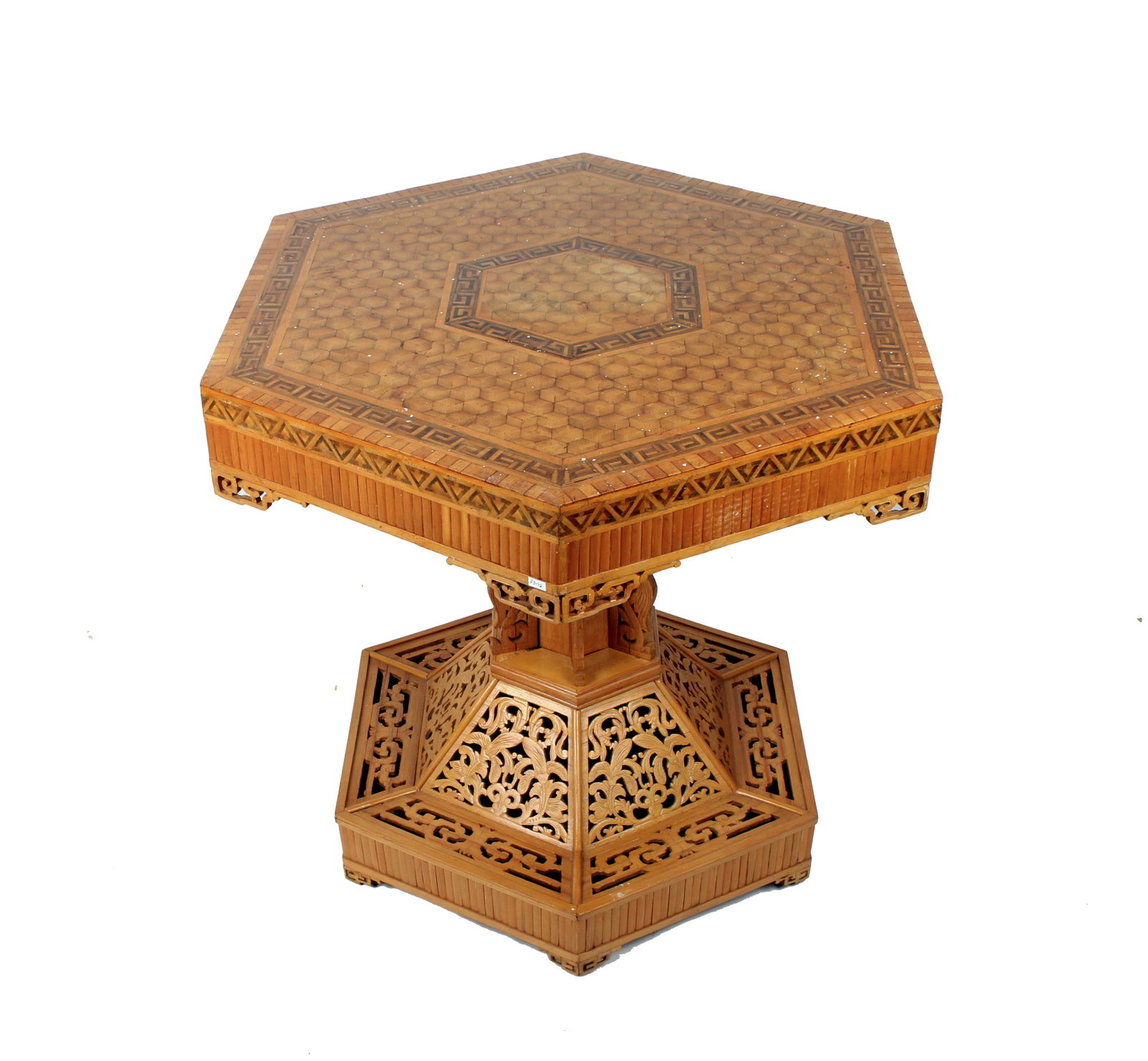 VTG BAMBOO VENEER PERFORATED EXOTIC SIDE TABLE: VTG BAMBOO VENEER PERFORATED EXOTIC SIDE TABLE: The top and base are separate. Perfect for porch or tiki room. 30" X 25 1/2" $200 - $400 Shippin