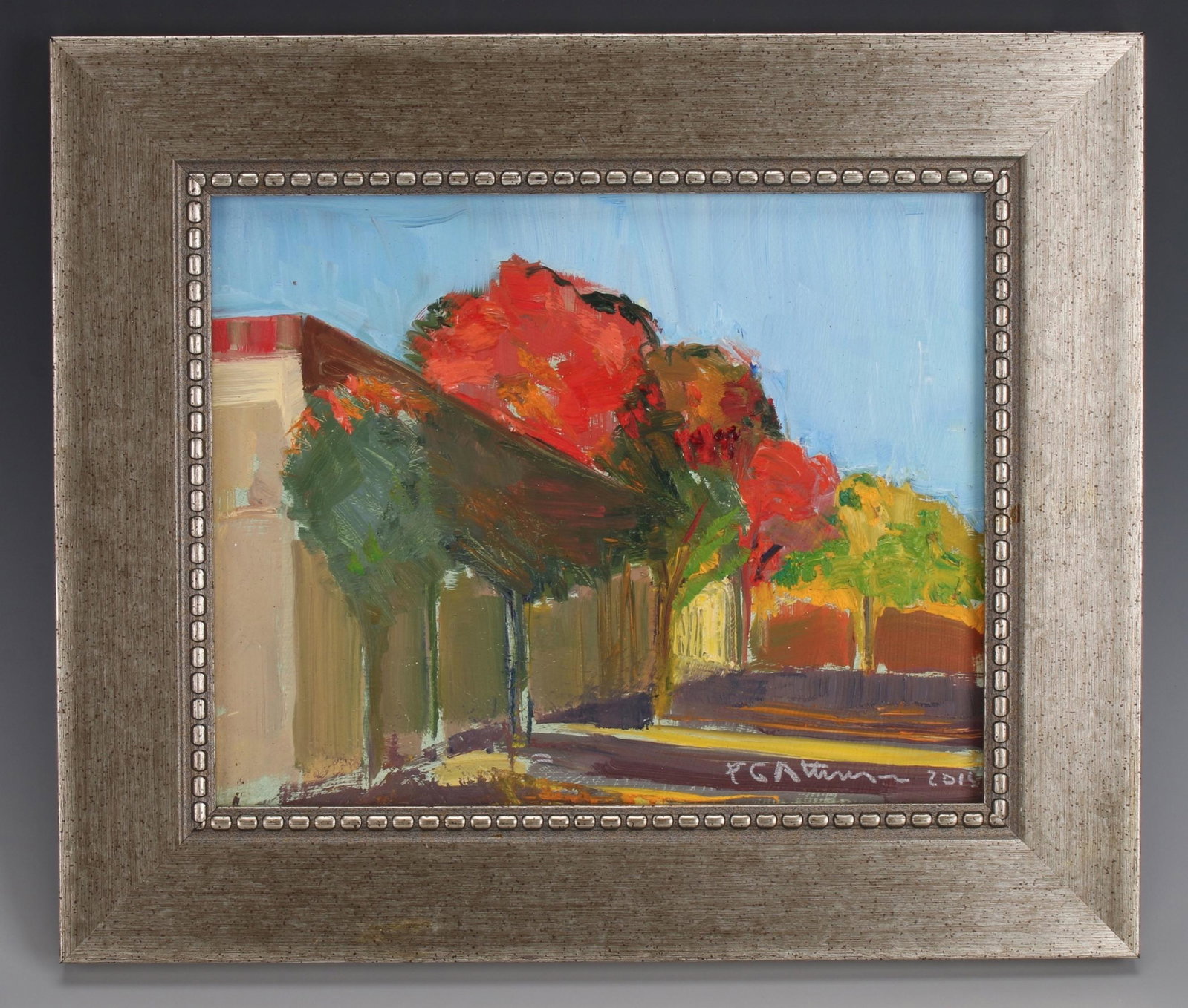 SIGNED CONTEMPORARY CITYSCAPE PAINTING: SIGNED CONTEMPORARY CITYSCAPE PAINTING: Stark architecture with bright orange and yellow trees in the background. Signed and dated 2015. 13 1/2&q