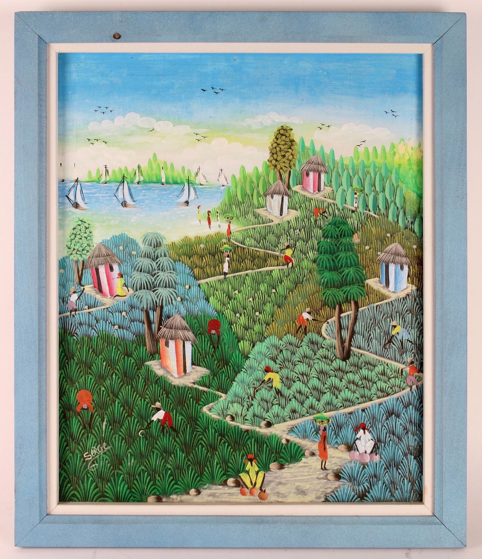 CARIBBEAN HAITIAN PAINTING BYÂ SERGE: CARIBBEAN HAITIAN PAINTING BY SERGE: Charming island scene with detailed painting of landscape and figures. In as found condition. 19"