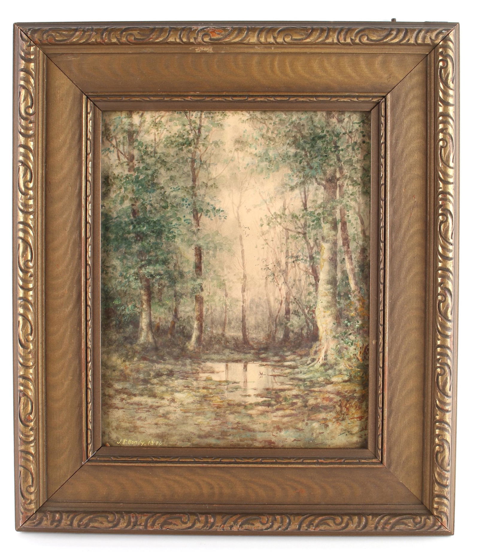 BUNDY, JOHN ELWOOD WATERCOLOR OF FOREST SIGNED: BUNDY, JOHN ELWOOD WATERCOLOR OF FOREST SIGNED : John Elwood Bundy (American 1853-1933). Signed and dated lower left watercolor 1894. Assumed to be in the original frame. Beautifully rendered watercol