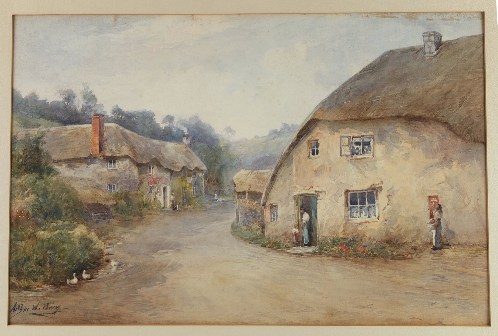 ARTHUR W. PERRY WATERCOLOR OF VILLAGE: ARTHUR W. PERRY WATERCOLOR OF VILLAGE: Arthur W. Perry (England 1908 - 1939). Charming village watercolor scene with people in doorways and ducks nesting under bushes. 26 1/2&