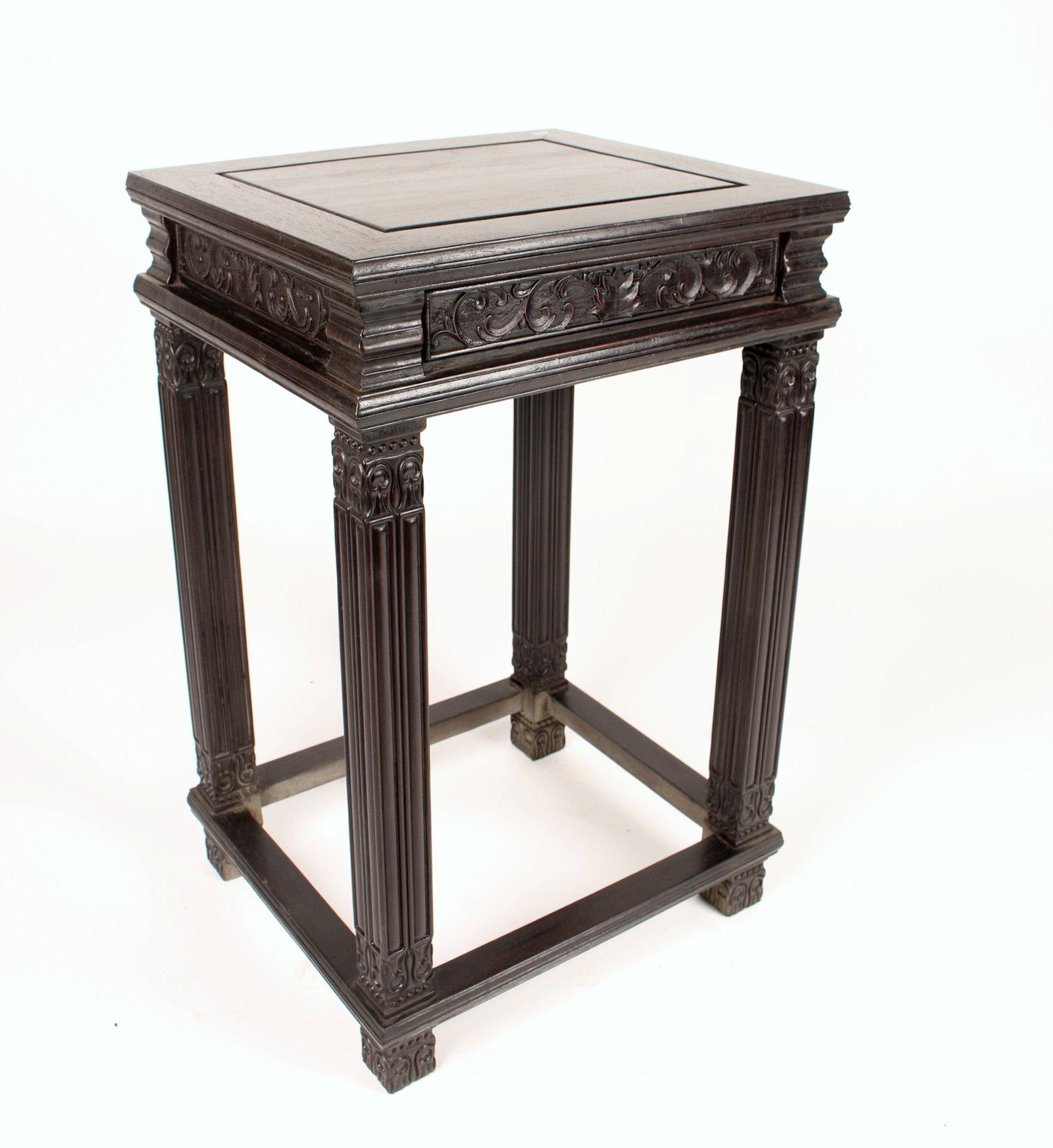 SQUARE CARVED ZITAN END TABLE: SQUARE CARVED ZITAN END TABLE: Square end table with legs in the form of columns, low stretchers just above the carved feet, carved apron with flower and tendril. 19" X