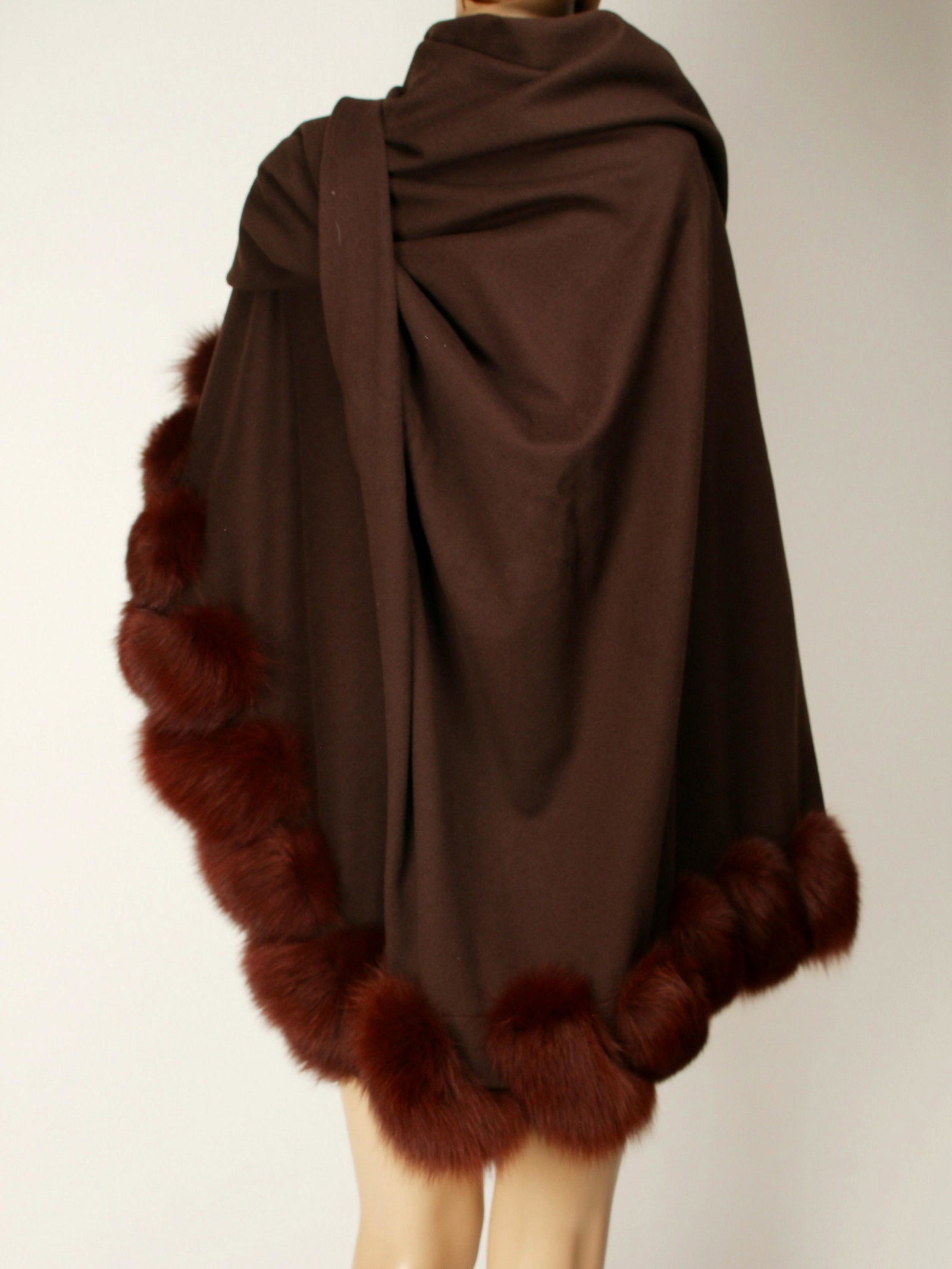 BROWN CASHMERE & SHEARED FOX WRAP STOLE: The sheared fox fur loops border the short edges of the cashmere wrap. The cashmere is chocolate brown and the fox has an auburn hue. Purchased in London, tag says Made in England. One size. 80" 