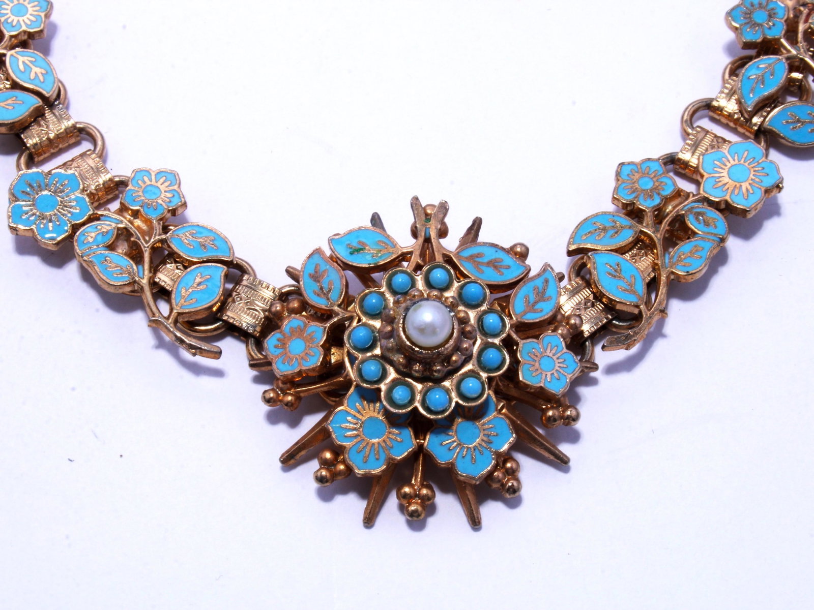 VICTORIAN REVIVAL BOOK CHAIN NECKLACE: Lovely turquoise enamel flowers decorate the links and form the petals surrounding the central pearl and turquoise stones. 15" without clasp $200 - $400 Please contact us for high resoluti