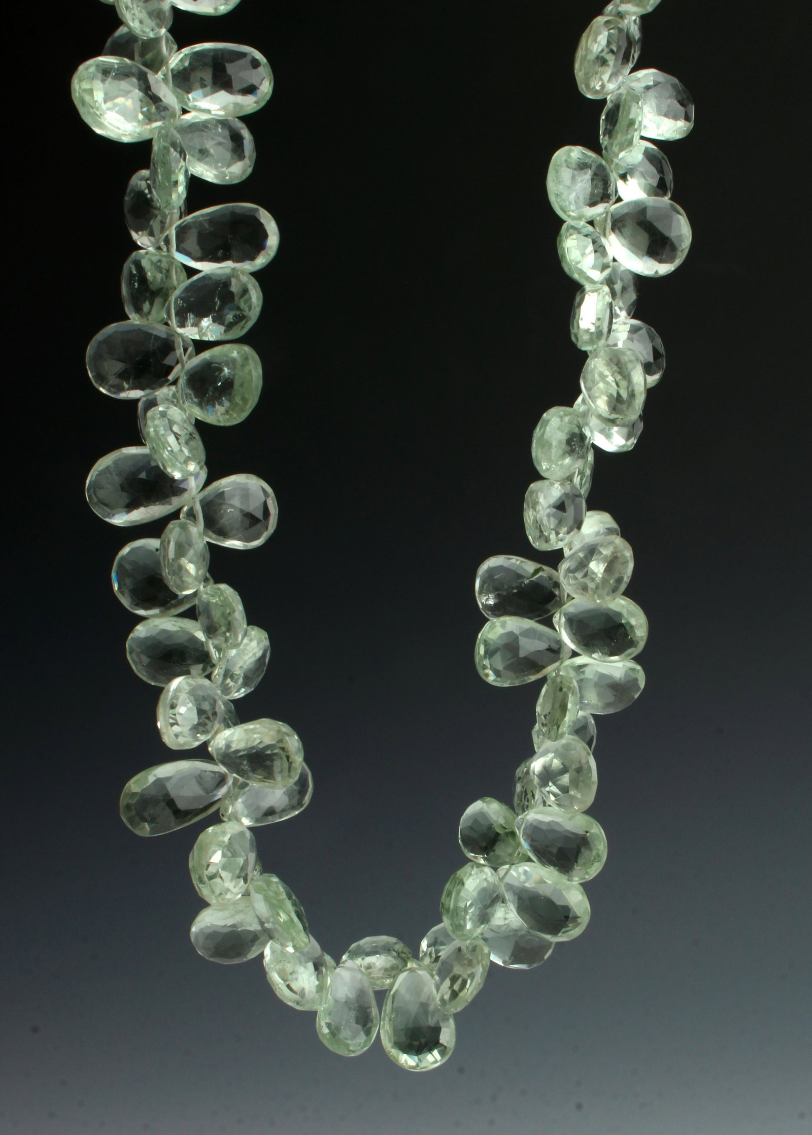 NANCY JOHNSON STERLING GREEN AMETHYST NECKLACE: Nancy Johnson green amethyst faceted bead sterling necklace. Tear drop shaped faceted beads in a pale celadon green New fine jewelry from 2nd generation Texas st