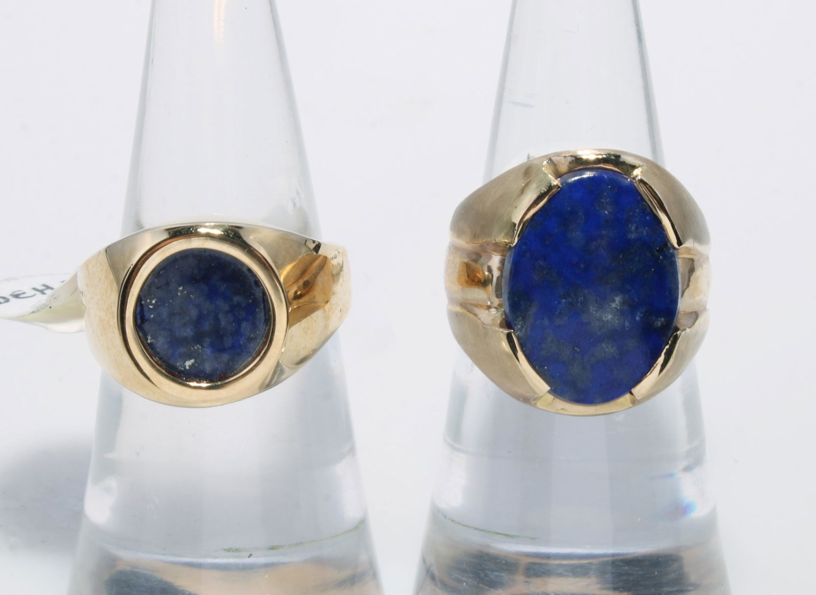 TWO LAPIS & YELLOW GOLD RINGS: One has an oval of lapis, one has a circle. The circular one is bright gold, the other has brushed and bright finish. New fine jewelry from 2nd generation Texas