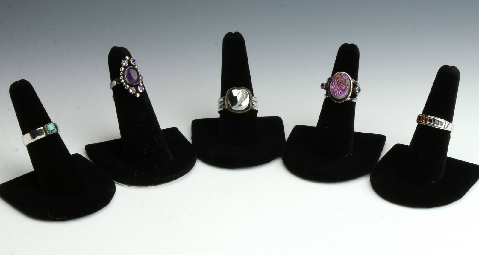 5 STERLING SILVER RINGS DRUSY AMETHYST TURQUOISE: Five rings of hematite drusy, amethyst, and turquoise. New fine jewelry from 2nd generation Texas store retirement sale. All with low reserves in time for Holid
