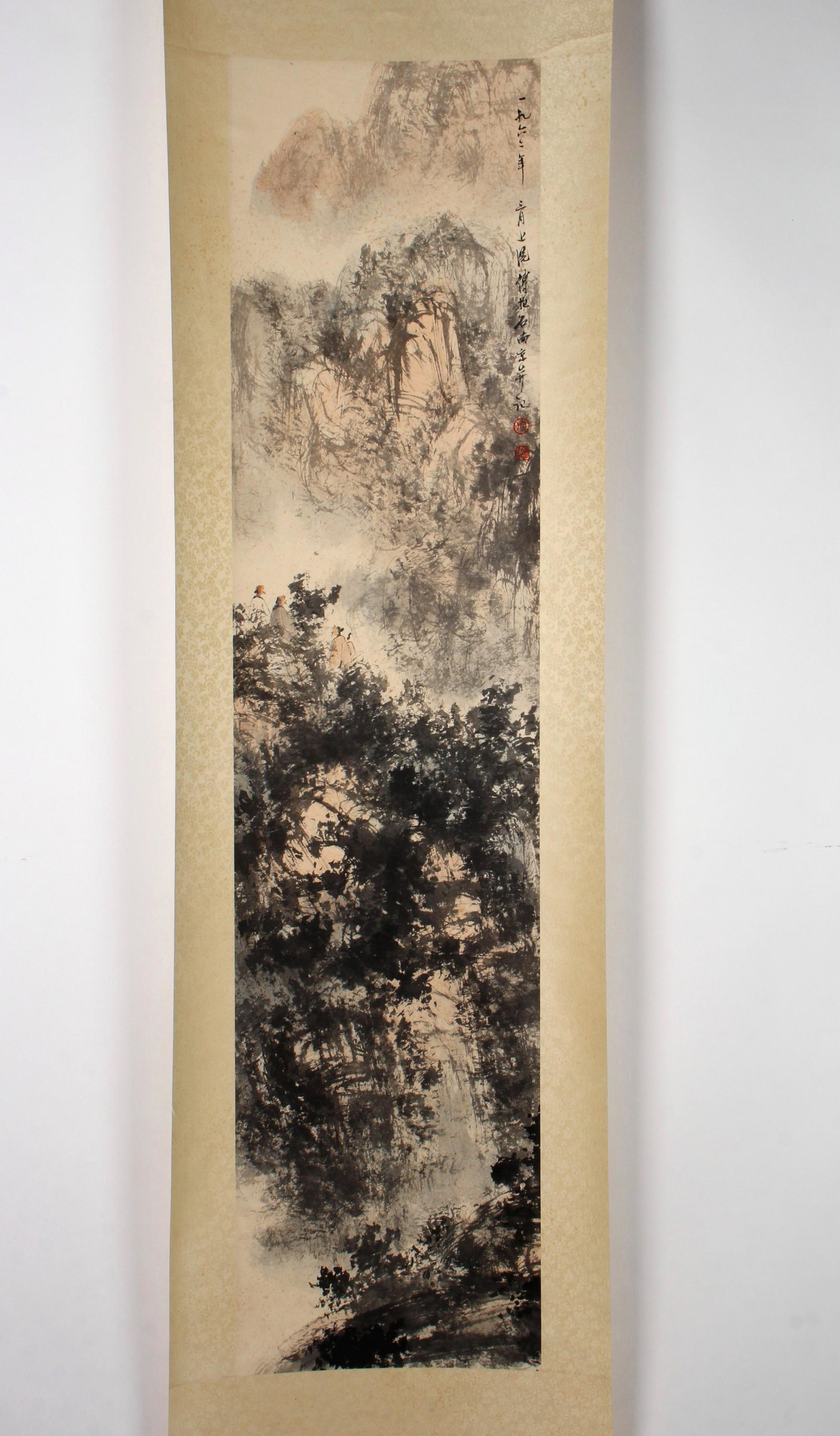 SCROLL OF MISTY LANDSCAPE: Trees and mountains rise from the fog. Calligraphy and artist mark on right. 22 1/2" X 90" $400 - $600 Please contact us for high resolution images of this lot. Shipping: