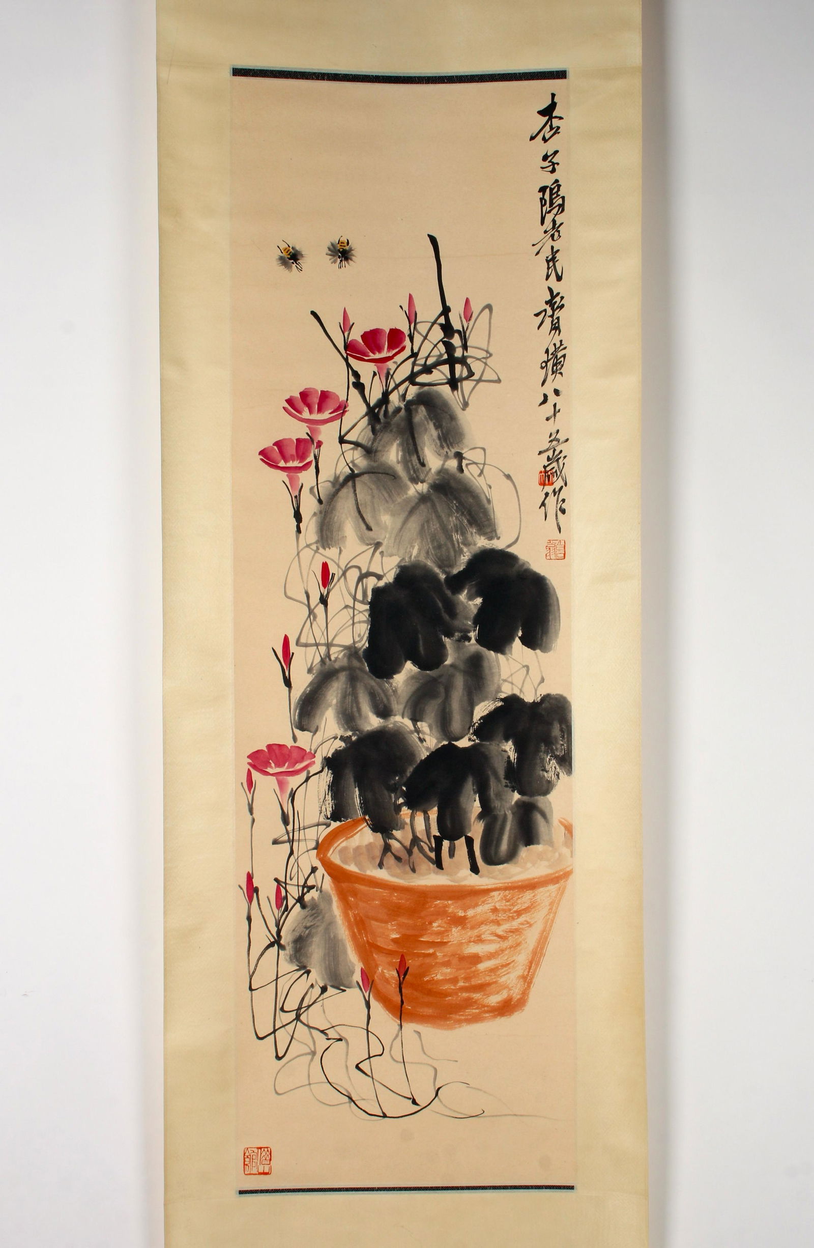 SCROLL OF POLLINATING BEE: Two bees fly above blooming flowers in a basket. Calligraphy and artist marks on right, mark on left. 22 1/2" X 75" $400 - $600 Please contact us for high resolution images of this lo