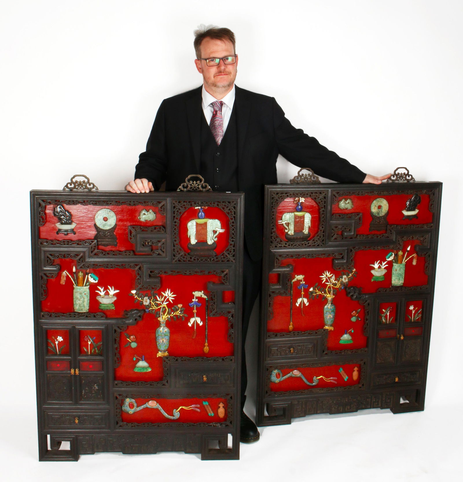 PAIR OF LACQUERED & CARVED SCHOLAR'S ITEM PANELS (1 of 10)