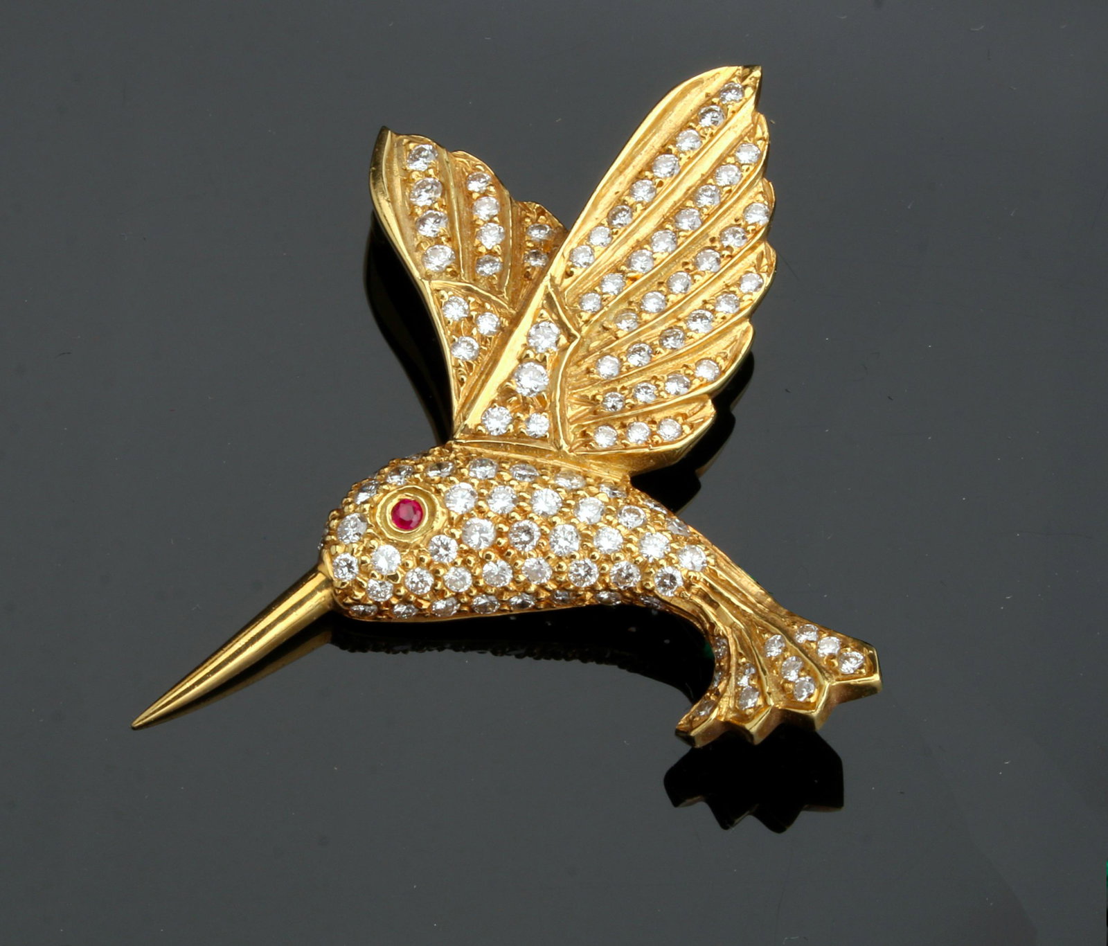 18K YG DIAMOND & RUBY HUMMINGBIRD PIN: Beautiful diamond and ruby hummingbird pin. Dia: 1.35. Doesn't your Little Black Dress need this? New fine jewelry from 2nd generation Texas store retirement sa