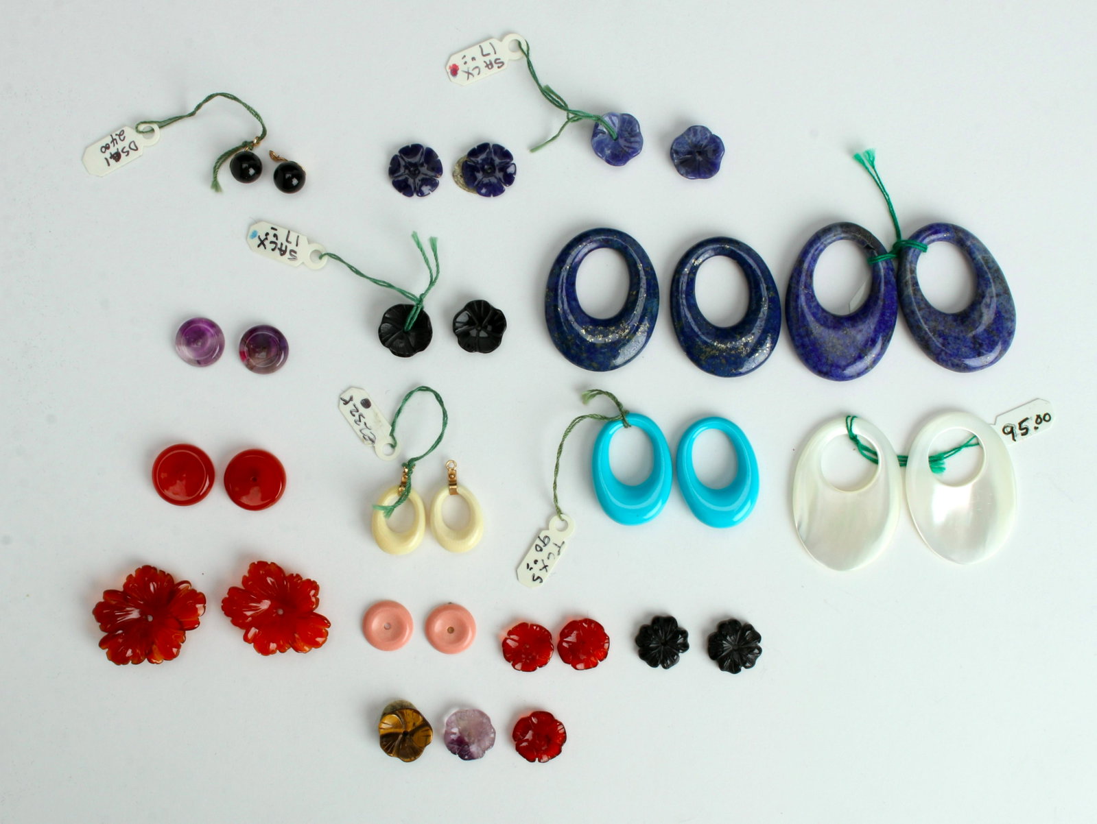 CARVED EARRING JACKETS & DROPS: Lapis, carnelian, onyx, amethyst, flowers, circles, and more! A wardrobe at your fingertips. Three singles, see photos. New fine jewelry from 2nd generation Tex