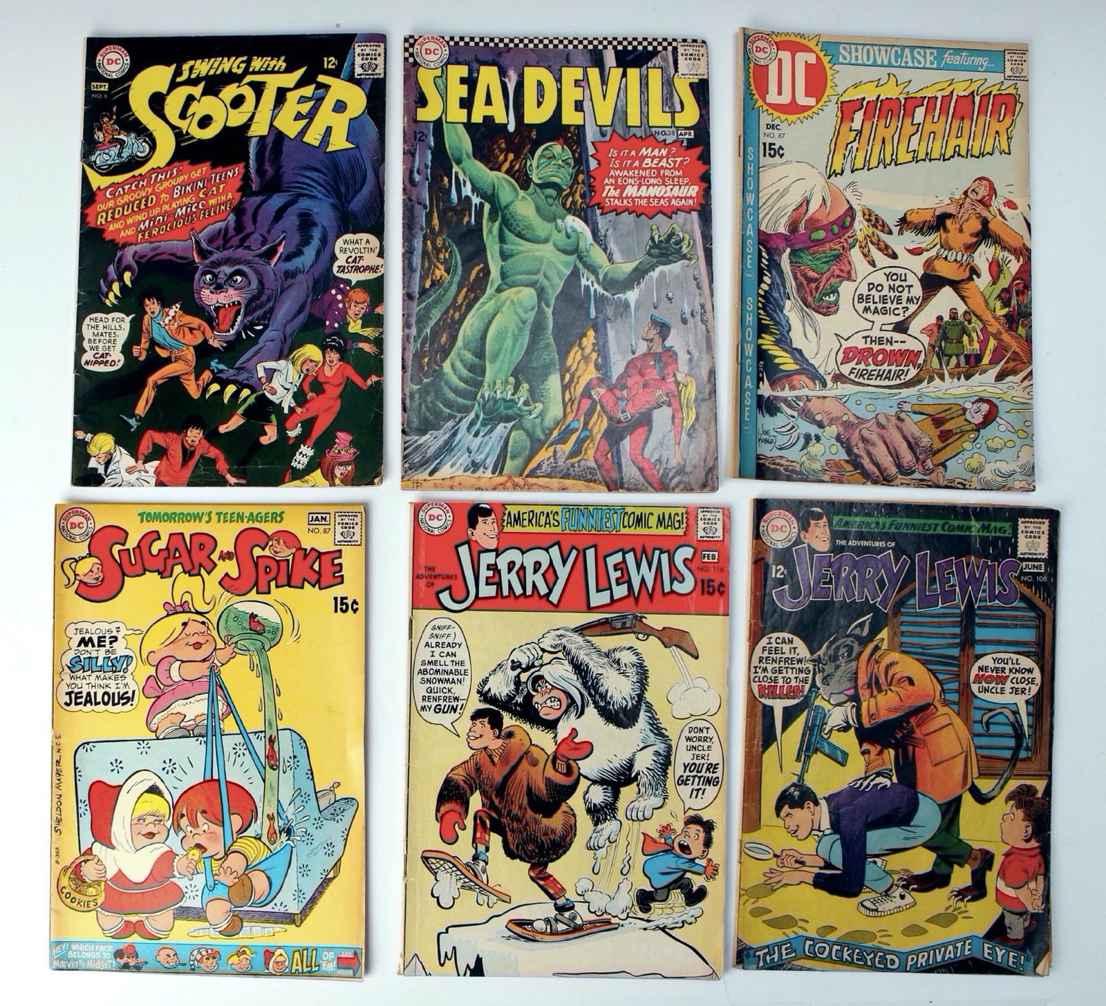 VINTAGE DC COMIC BOOK LOT: Including Firehair, Sea Devils, Swing with Scooter, Sugar & Spike, and Jerry Lewis. $100 - $200 Please contact us for high resolution images of this lot. Shipping: Shipping this lot to