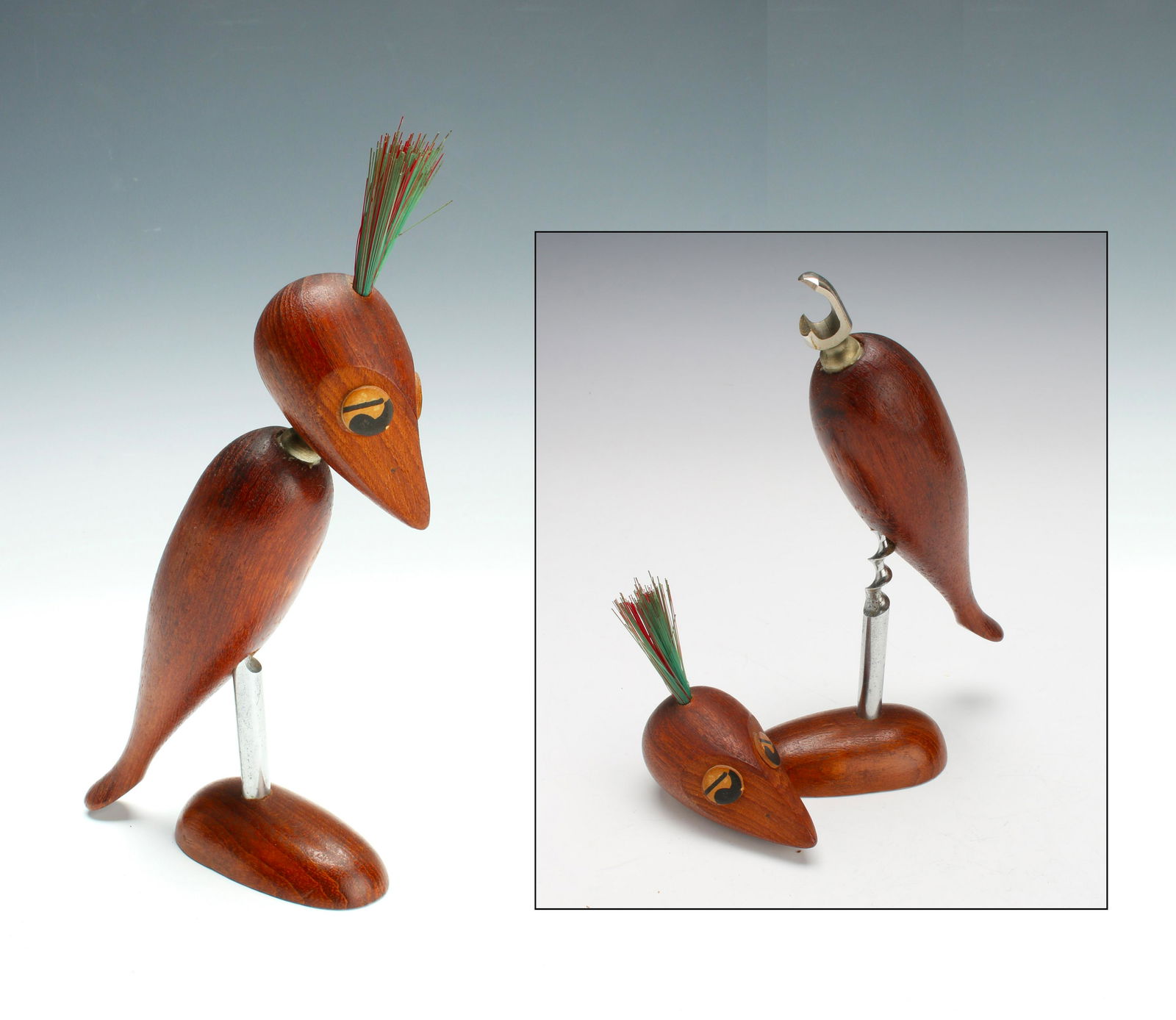 MCM TEAK BIRD CORKSCREW BOTTLE OPENER DEMARK: A delightful bird bar helper, there for all your libation needs. He stands on the corkscrew and his head hides the bottle opener. 4" X 7 1/2" $40 - $80 Please contact us for high reso