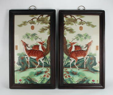 PAIR OF MIRROR DEER PANELS: Two incised and painted panels showing two deer standing in a garden under a pine tree and bamboo. A boulder and flowers are nearby. All over a diapered pattern of gold honeycomb with a central ruyi m