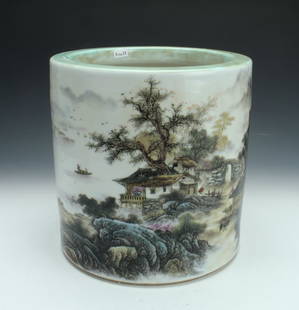 LARGE PORCELAIN VILLAGE LANDSCAPE BRUSH POT: A lush village scene encircles the brush pot. Houses, trees, stone walls, villagers, boulders, mountains, bridges, and a river complete the scene. Marked on the bottom. 8" X 8" $100 - $200