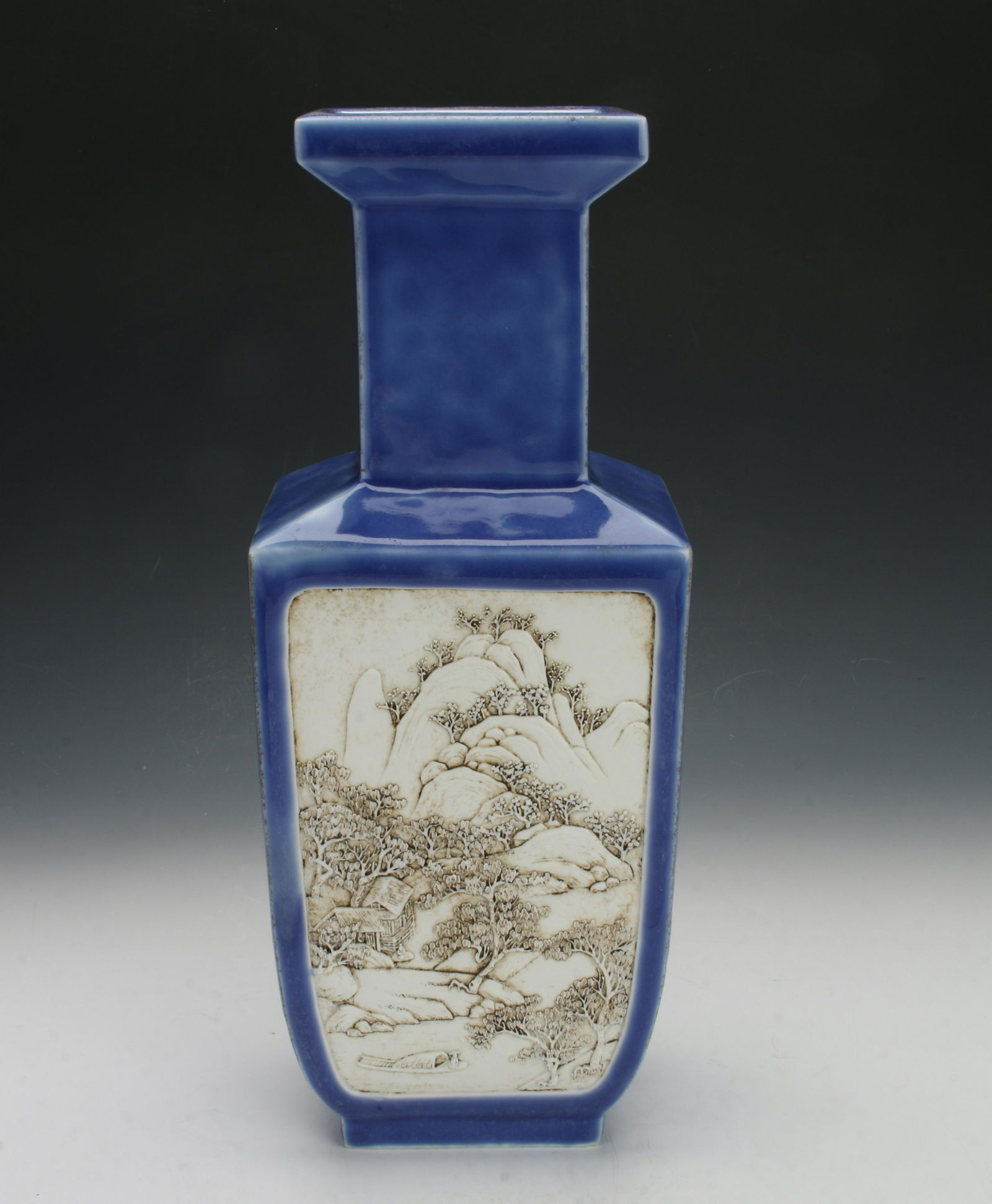 BLUE VASE WITH BAS RELIEF CARVED MOUNTAIN SCENES (1 of 5)