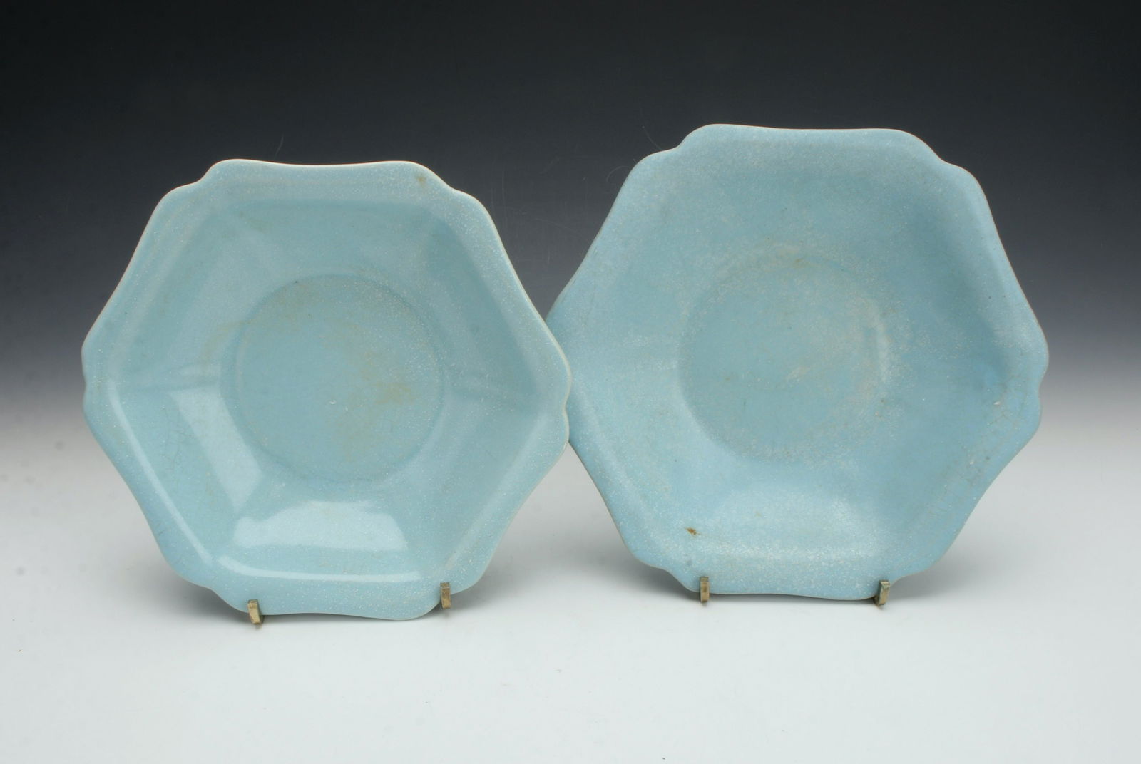 2 HEXAGONAL PALE BLUE GLAZE DISHES (1 of 4)