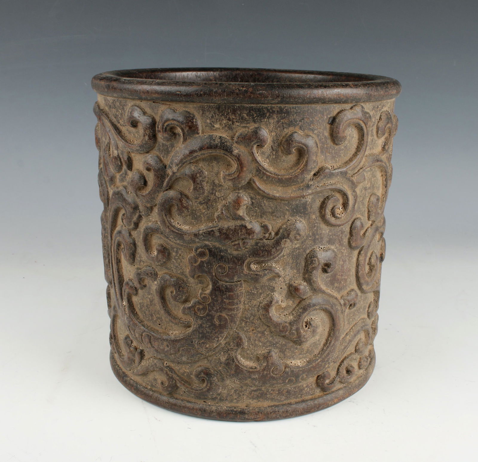 CARVED ARCHAIC FORM DRAGON BRUSH POT (1 of 3)