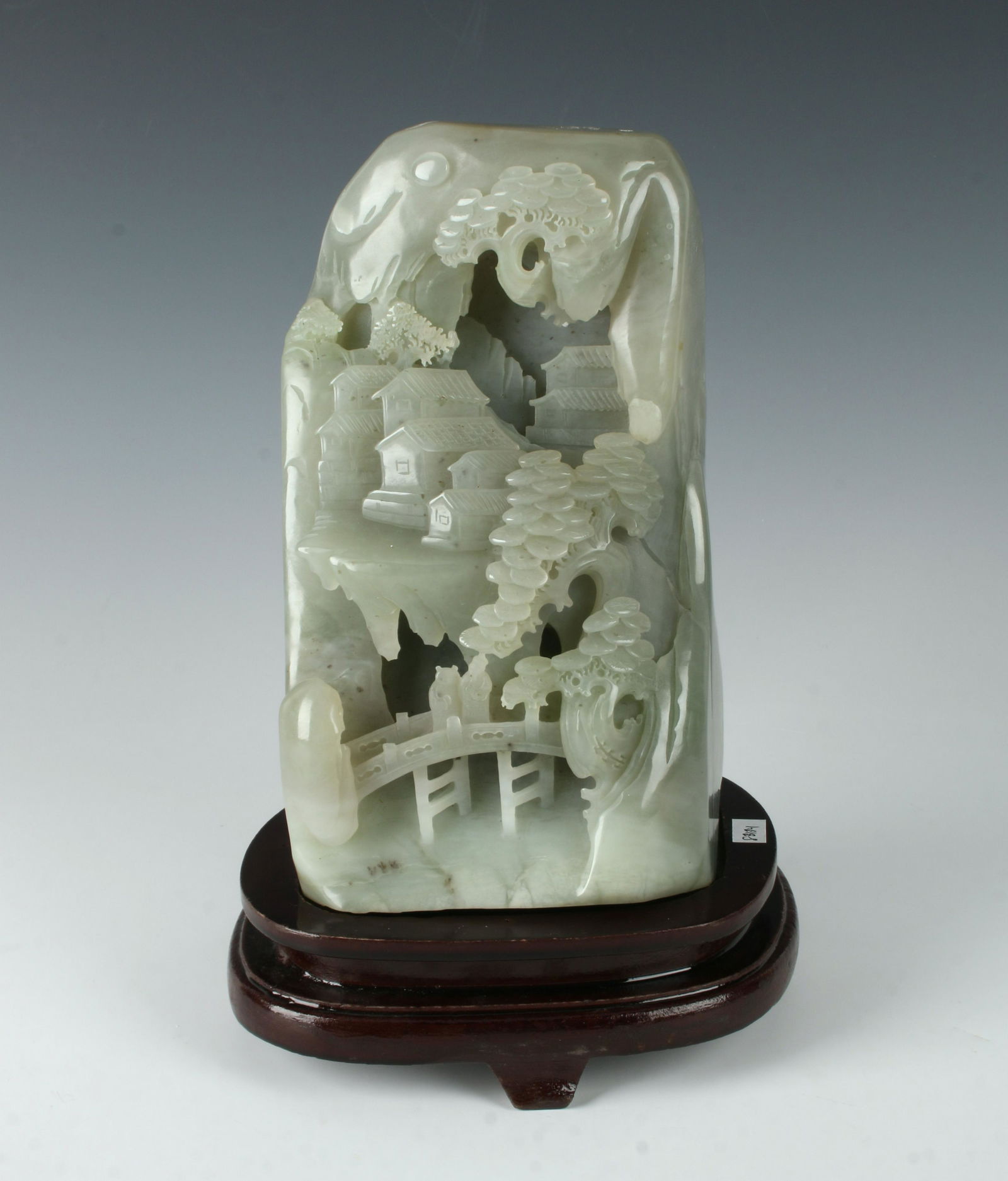 LARGE CARVED JADE MOUNTAIN VILLAGE ON STAND (1 of 10)