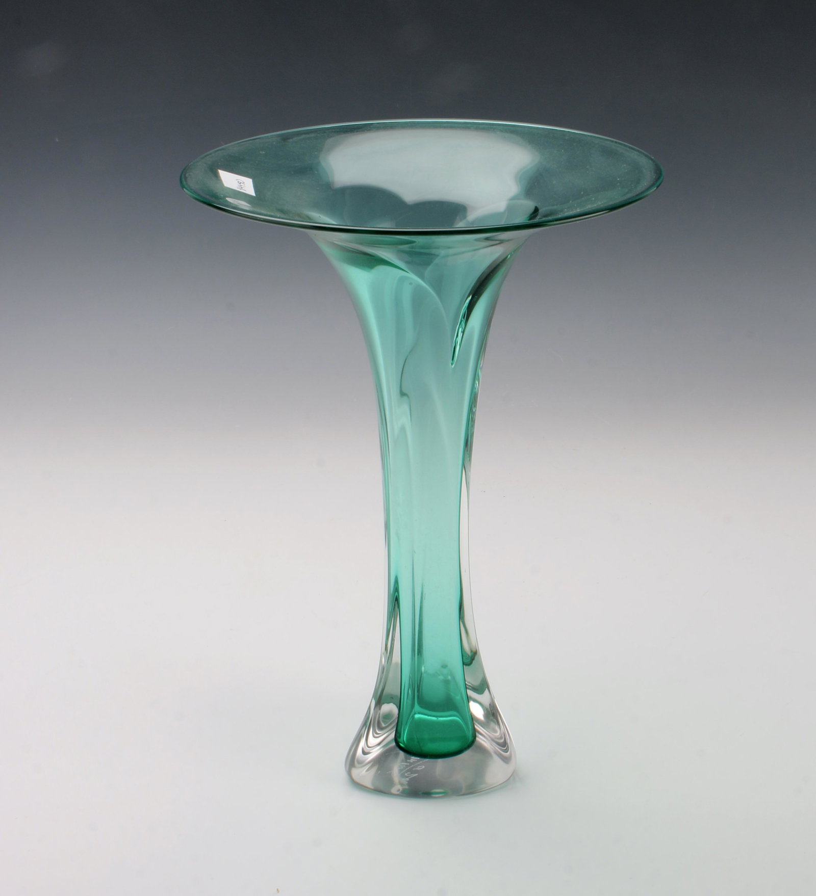SIGNED MODERN ART GLASS VASE: Sleek contemporary art glass vase with a wide flanged rim and a rounded triangular base. Signed on the bottom. $100 - $200 Please contact us for high resolution images of this lot. Shipping:
