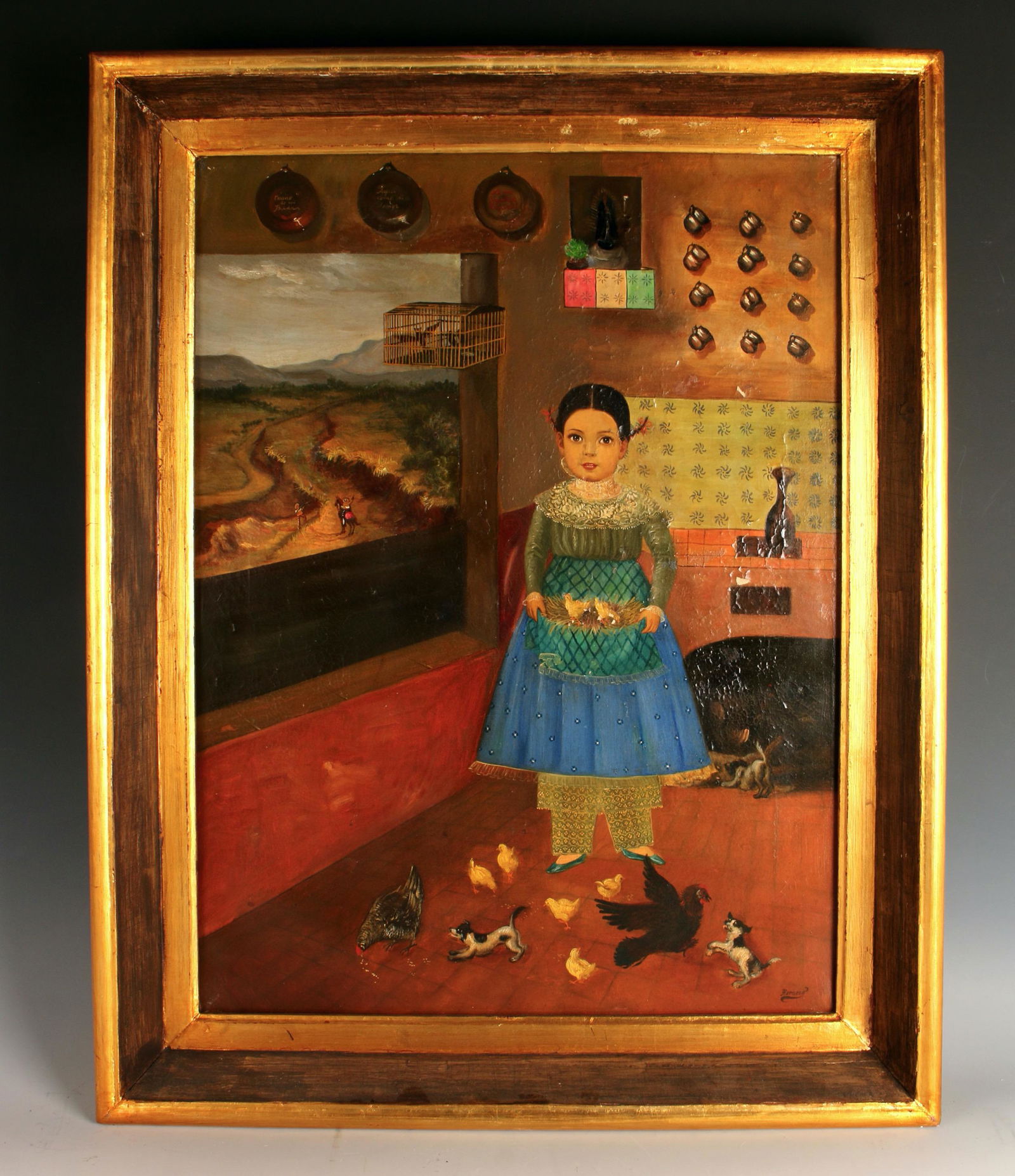 HORACIO RENTERIA ROCHA PORTRAIT OF GIRL: A rare Horacio Renteria Rocha (Mexican, 1912 - 1972) painting. Portrait of a young girl. His oil paintings mostly represent magnificently dressed children, typically surrounded by beautiful Mexican cu