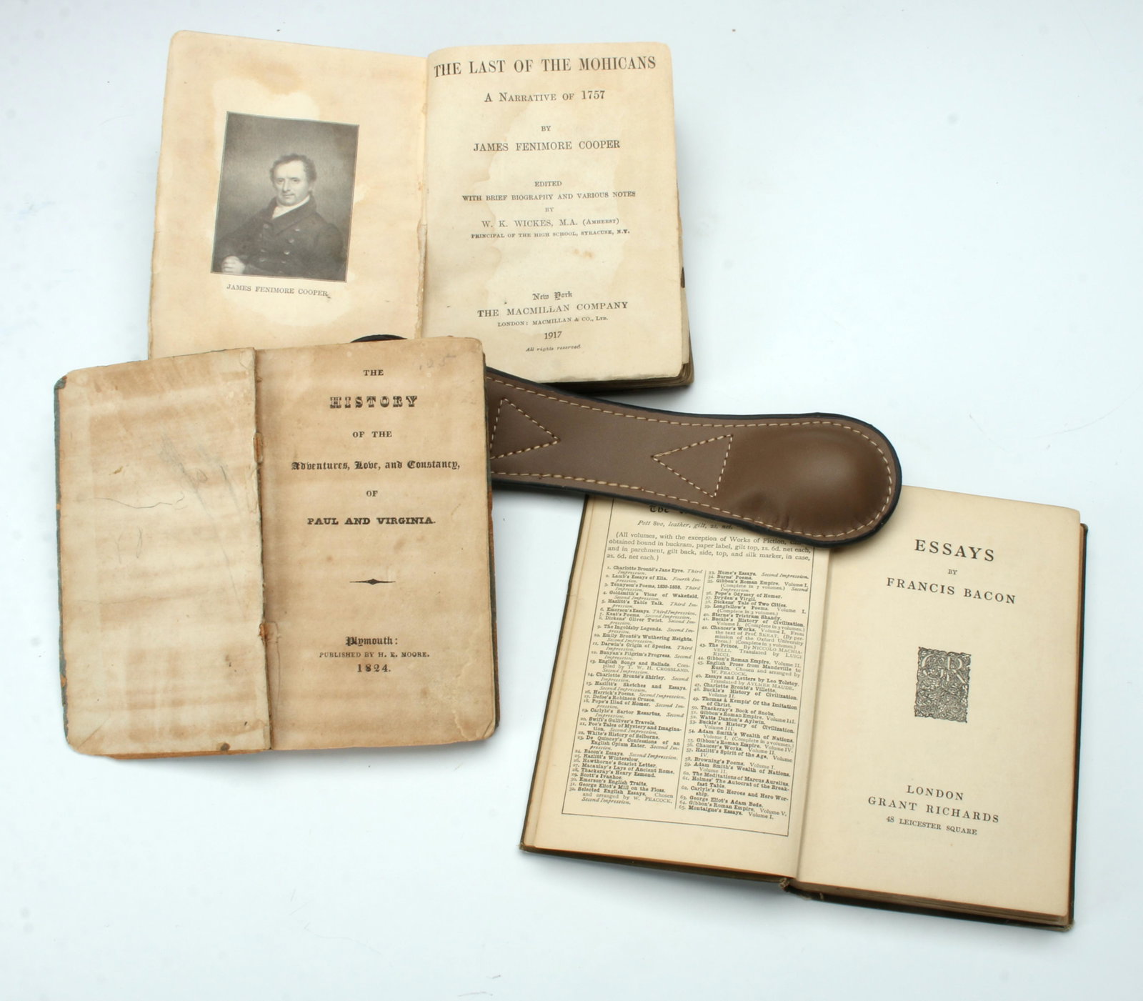 3 ANTIQUE BOOKS LAST OF THE MOHICANS: Three antique books dated 1824 The History of the Adventures, Love, and Constancy of Paul and Virginia, 1904 The Works of Francis Bacon, 1917 Last of the Mohicans. 4 1/2" X 6" $40 - $80