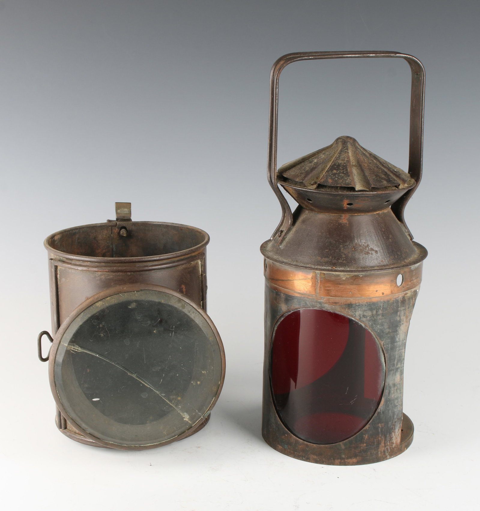 VINTAGE RAILWAY SIGNAL LAMP LANTERN: Copper lantern with red lens insert. Handle on side and top. Plaque on side with Christopher Collins Manufacturers Birmingham 1917. 5" X 12 1/2" $40 - $80 Please contact us for high re