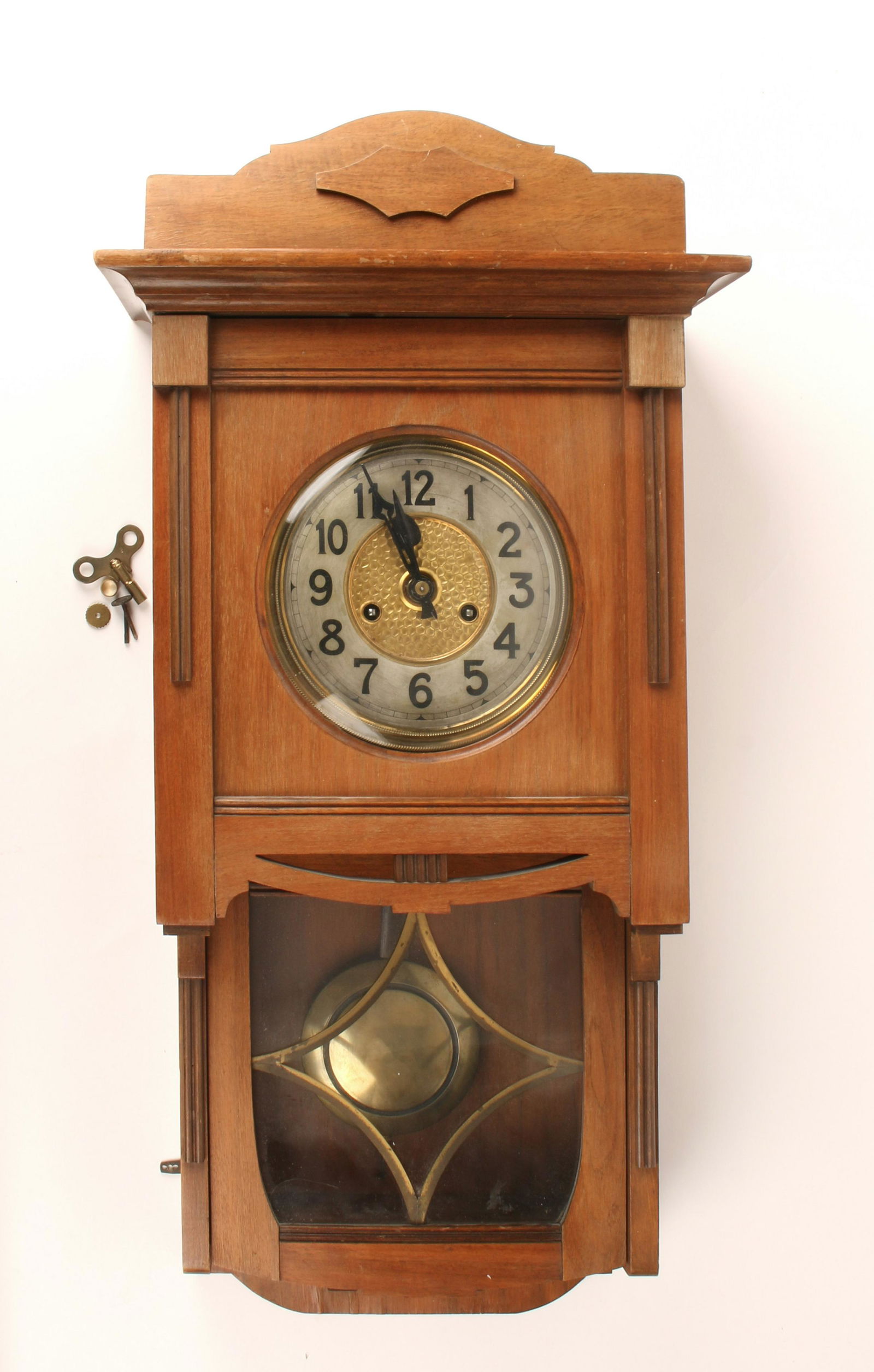 ANTIQUE GERMAN GUSTAV BECKER SILESIA WALL CLOCK: Marked GB. P 42 is marked on the movement. Jugendstil in a style akin to the American Arts and Crafts movement. Gloria marked on the brass plaque on the inside. Includes pendulum and key, strikes on t