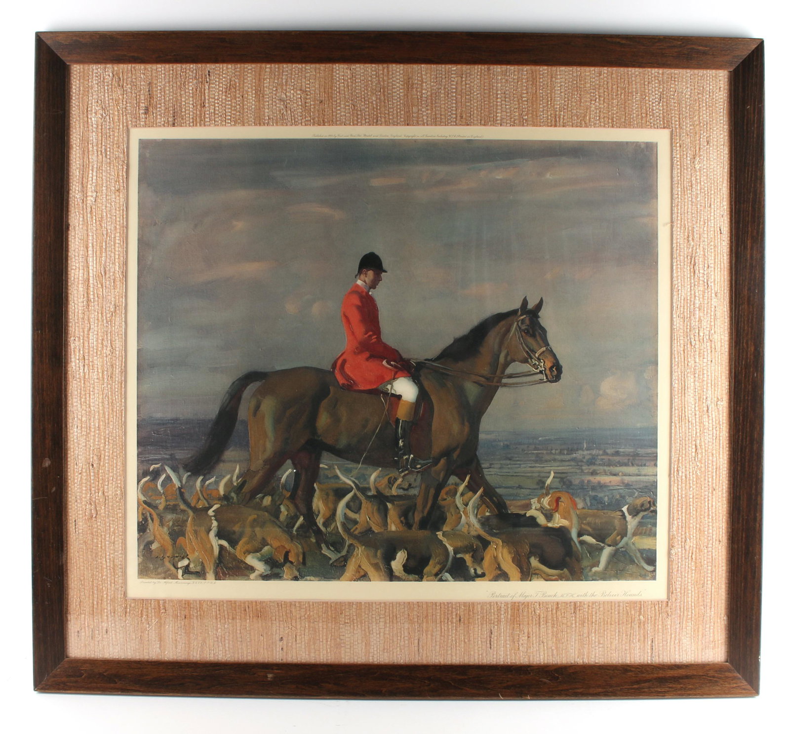 PRINT OF ALFRED MUNNINGS HUNTING PAINTING 1956: 1956 print of Major Bouch by Alfred Munnings painting. Fox hunting print with grass cloth mat. 33 1/2" X 29 1/2" $100 - $200 Please contact us for high resolution images of this lot.