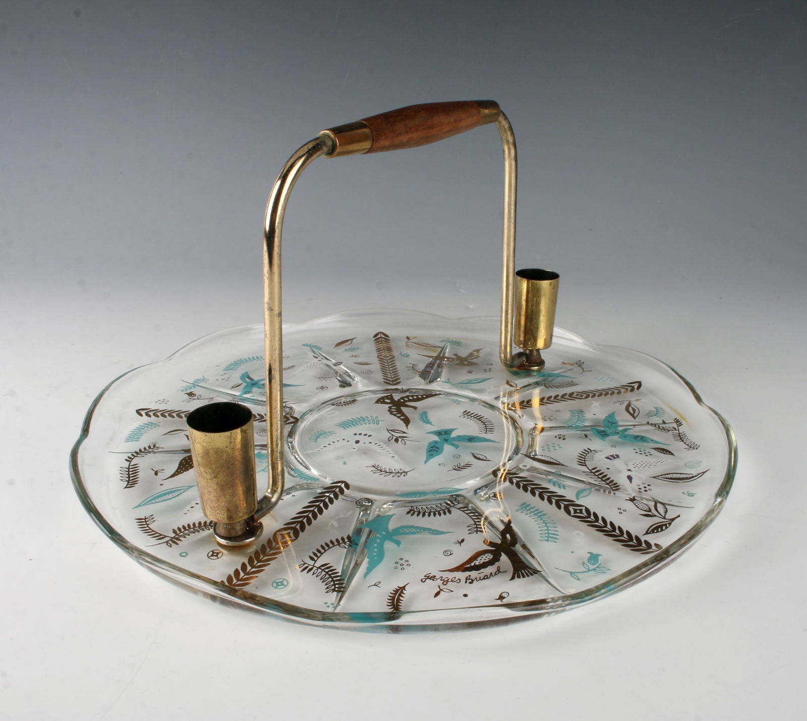 MCM GEORGES BRIARD PLATE W CANDLE HOLDERS TEAK: Glass Tray Wood Handle Candle Holders w/Gold Birds Motif Georges Briard Glass Teak Brass Handled Serving Plate Mid Century.