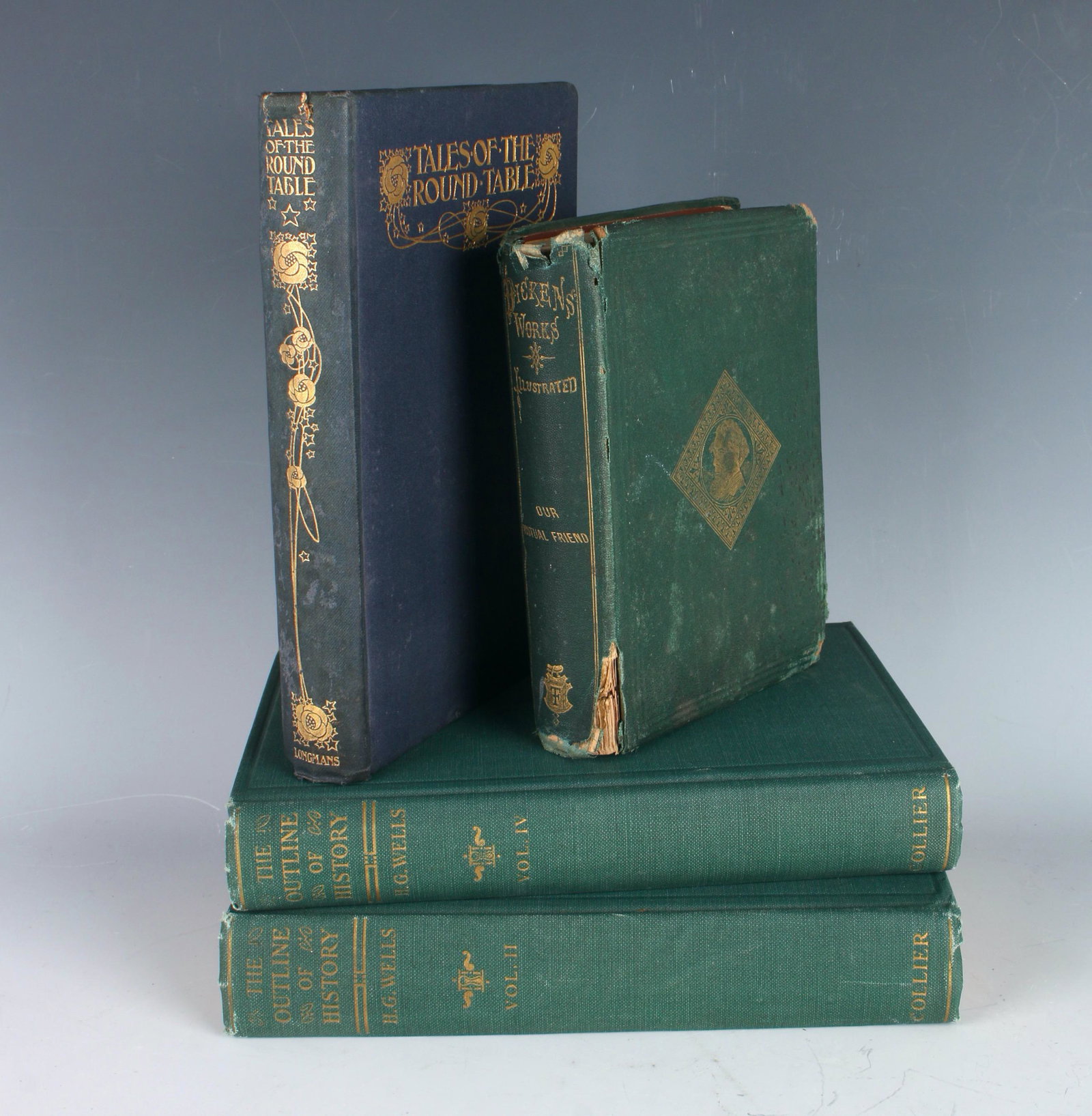 FOUR VINTAGE BOOKS DICKENS, LANG, WELLS: Our Mutual Friend, Dickens Ticknor and Fields, 1867. Hardcover. First Thus. Green cloth with gold lettering and design on spine and front c