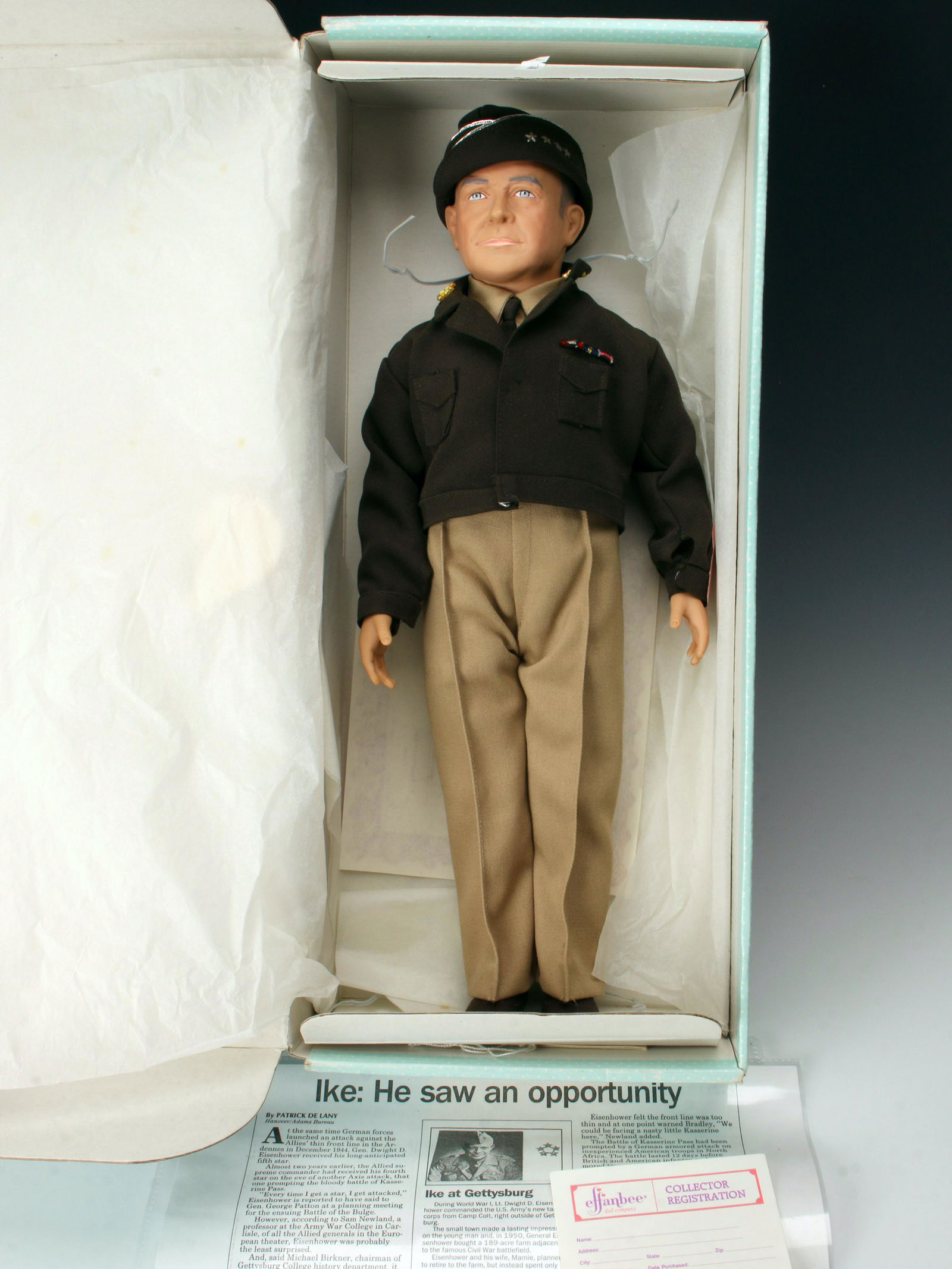 DWIGHT EISENHOWER DOLL IN ORIGINAL BOX EFFANBEE: 7 1/2" X 17 1/2" $40 - $80 Please contact us for high resolution images of this lot. Shipping: We are able to pack and ship this item to an address in the United States for $50.00