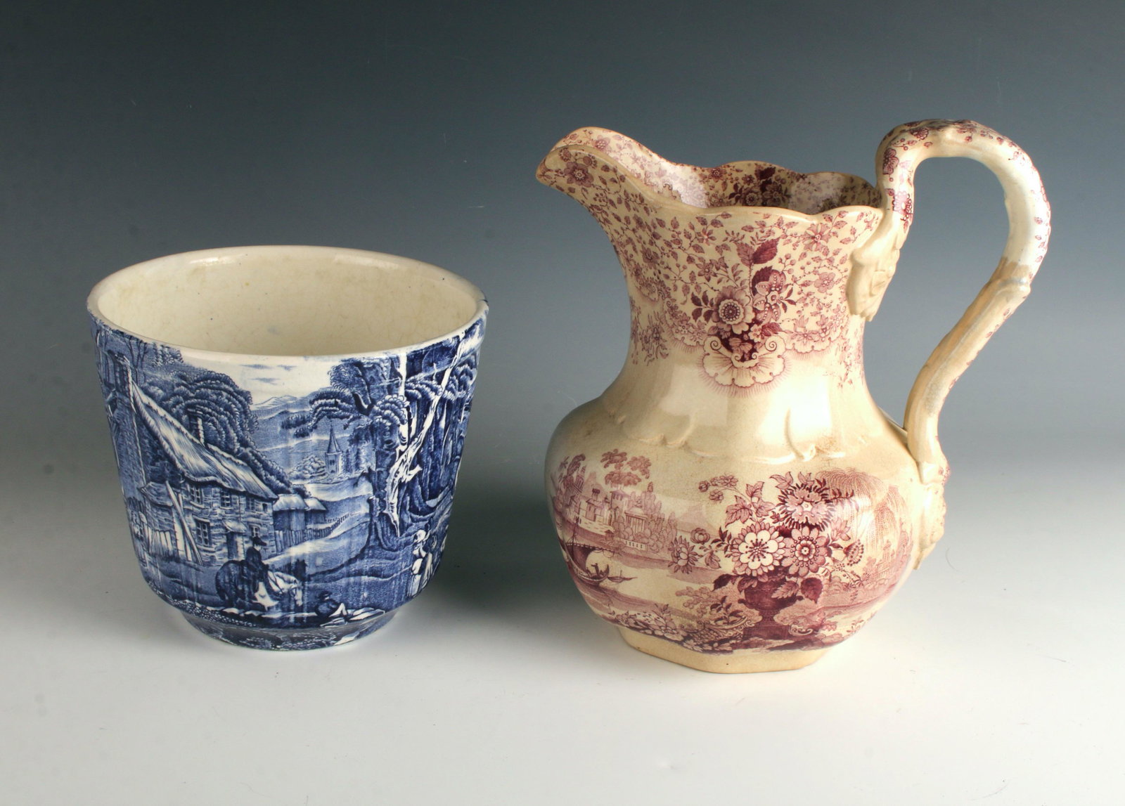TWO ENGLISH TRANSFERWARE PIECES: WR William Ridgeway Co. Pitcher in Persian pattern and a Staffordshire planter in blue and white marked 'Old Foles' James Kent Staffordshire England. 9" x 8" $40 - $80 Please contact