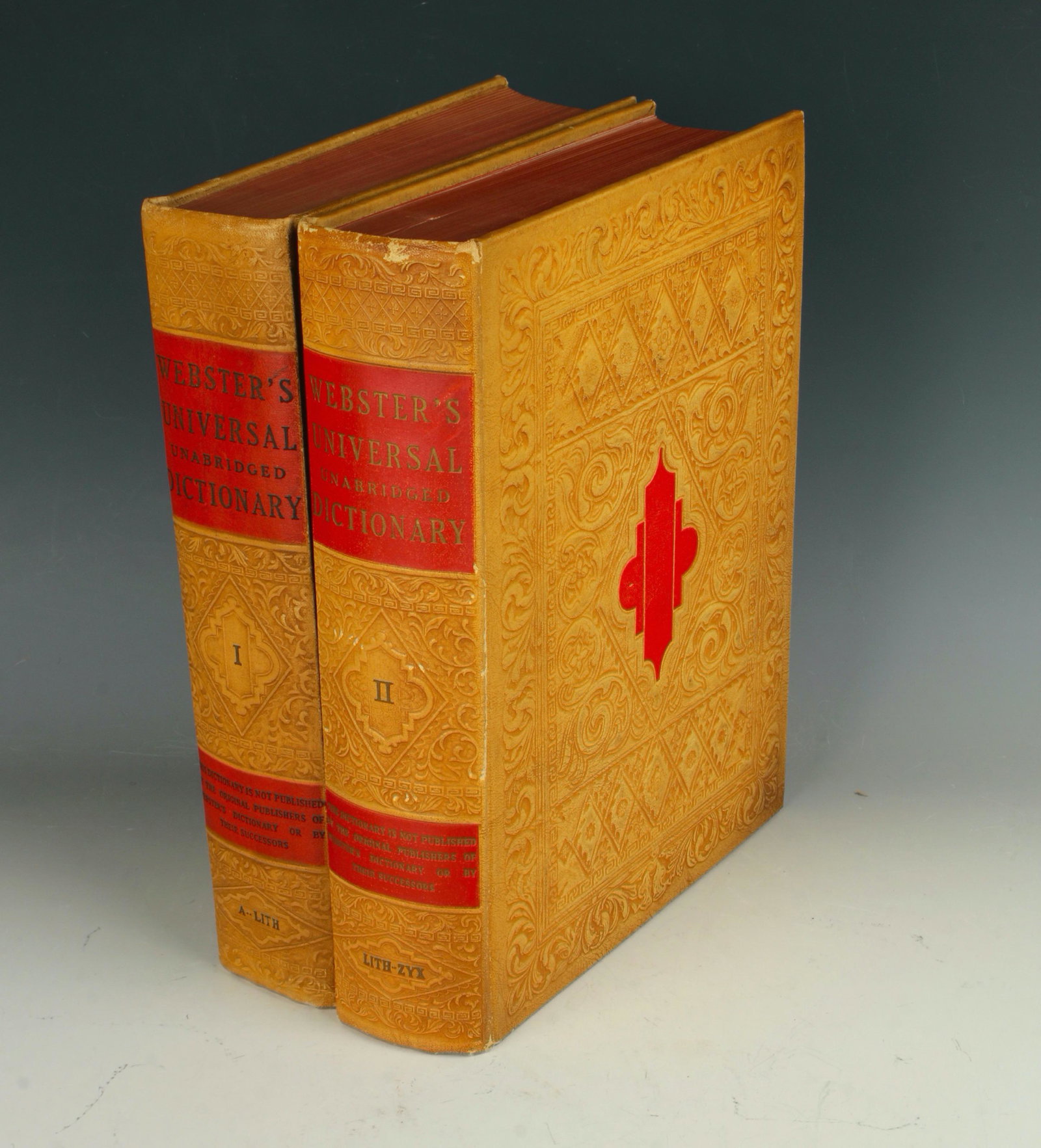 WEBSTERS UNABRIDGED DICTIONARY VOL. I & II 1937: Websters Universal Unabridged Dictionary Vol. I & II. Marked copyright 1937. Two hard cover books 8 1/4" X 11" $40 - $80 Please contact us for high resolution images of this lot. <