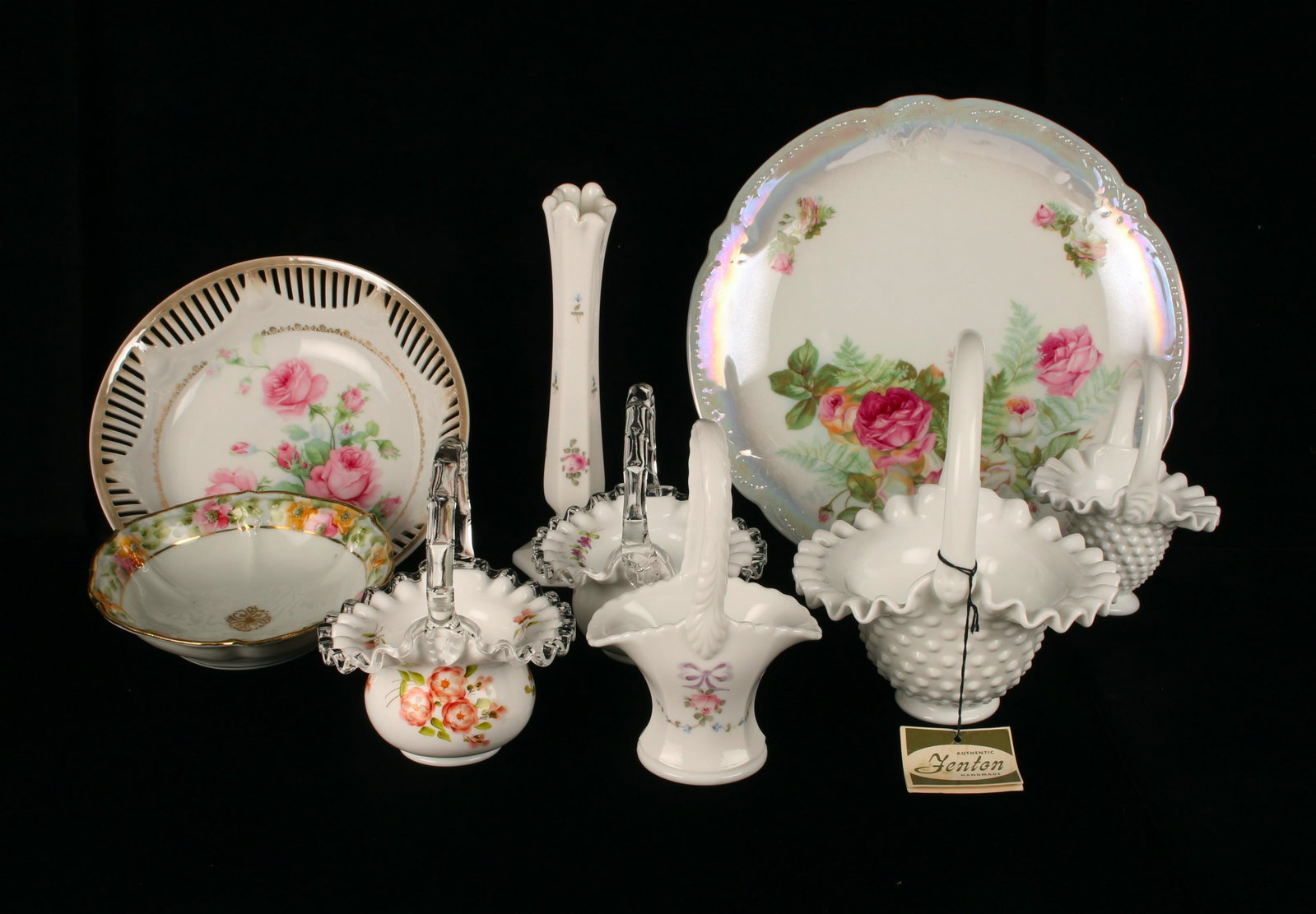 ASSEMBLED LOT PORCELAIN FENTON BAVARIAN NIPPON: Large rose platter marked PK Silesia, Basket bowl marked Bavaria, Fenton basket still has paper sticker, another basket still has original sales tag. 12" $40 - $80 Please contact us for hi