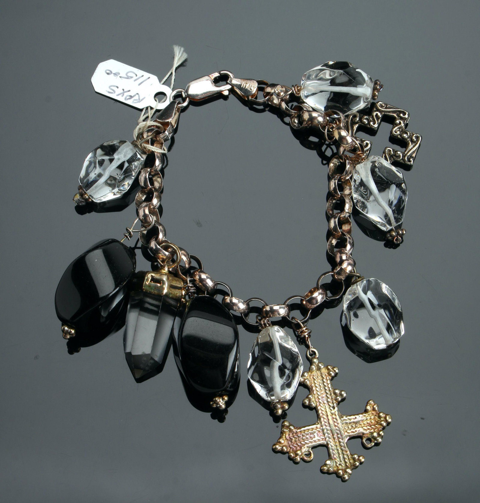 GOTHIC ECLECTIC CHARM BRACELET, EARRINGS, PINS: Charm bracelet is quartz, onyx, and crystal pendants in an electic fun gothic style. Pair of 14k smoky quartz drop earrings, and two marcasite and onyx pins. Ne