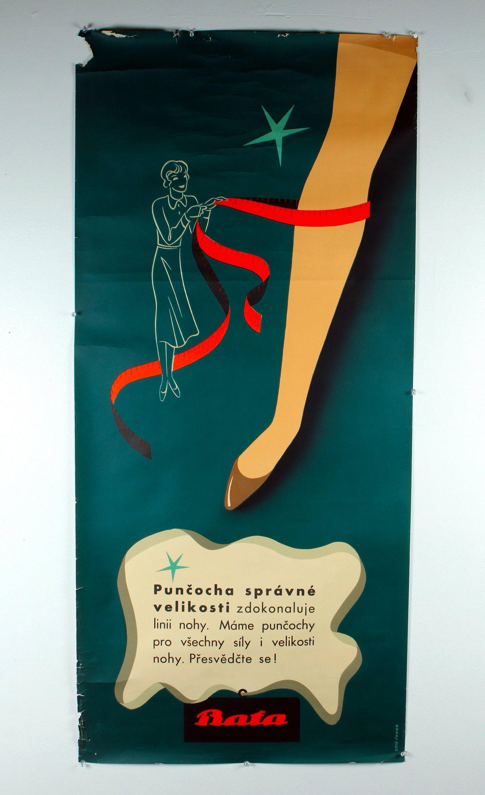 VINTAGE CZECH BATA STOCKINGS ADVERTISING POSTER: Original Czech Bata company advertising poster circa 1948. Colors are vivid and bright. The Bata Shoe company used many Swiss and Dutch graphic designers for its advertising. Possibly designed by Dutc