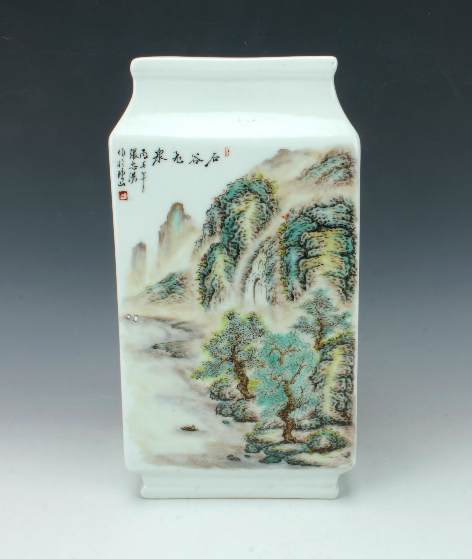 SQUARED LANDSCAPE VASE: Mountainous landscape scenes on the wide sides with calligraphy, rows of calligraphy on the narrow sides. Marked on the bottom. Provenance: