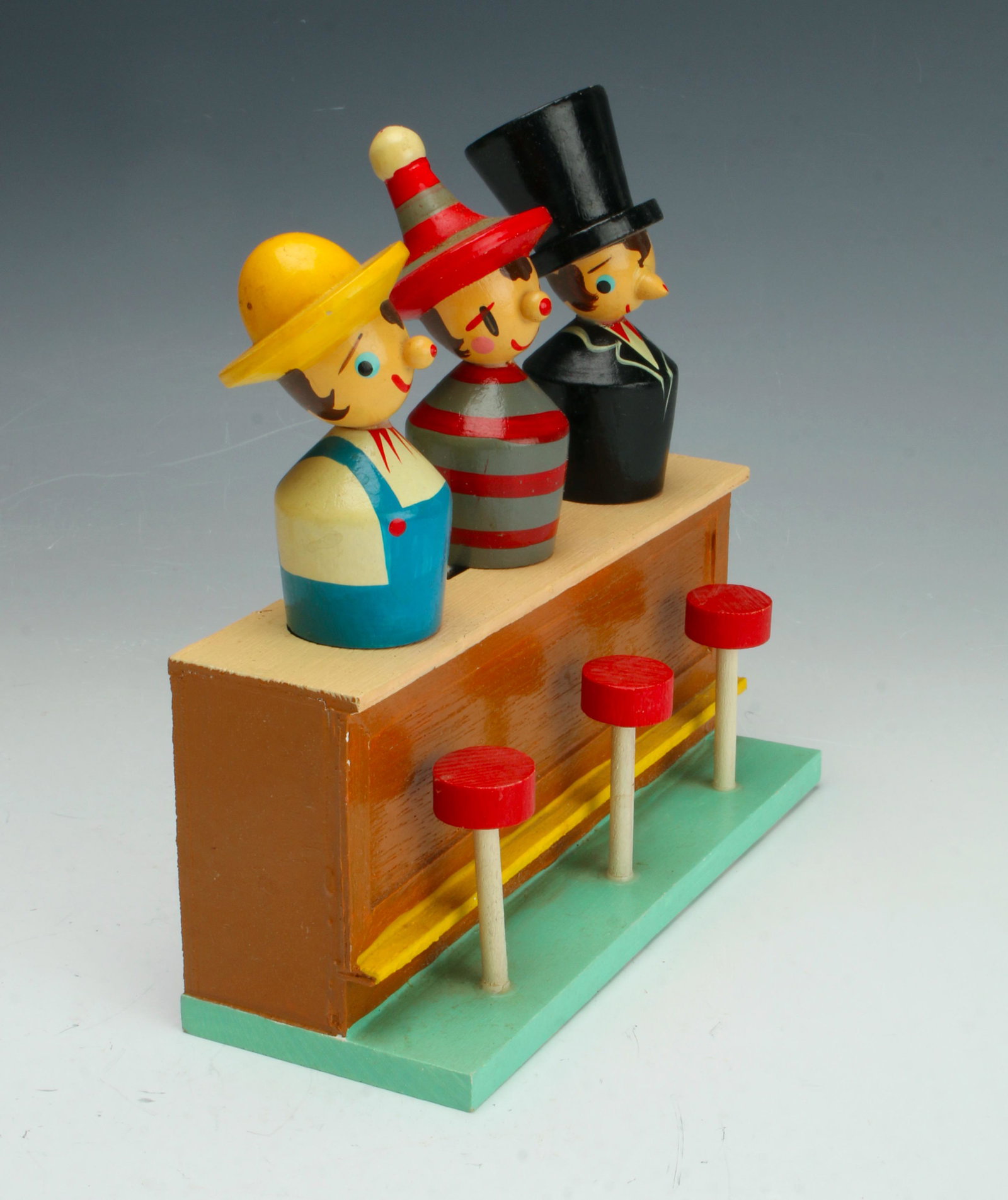 VINTAGE JAPANESE NOVELTY BAR SET IN ORIGINAL BOX: Corkscrew is a guy in a top hat, the bottle opener is a jester, the cork is a farmer. The stand for the set is a three stool bar. Designed to sit on a bar or hang. Marked Japan on the bottom. In origi
