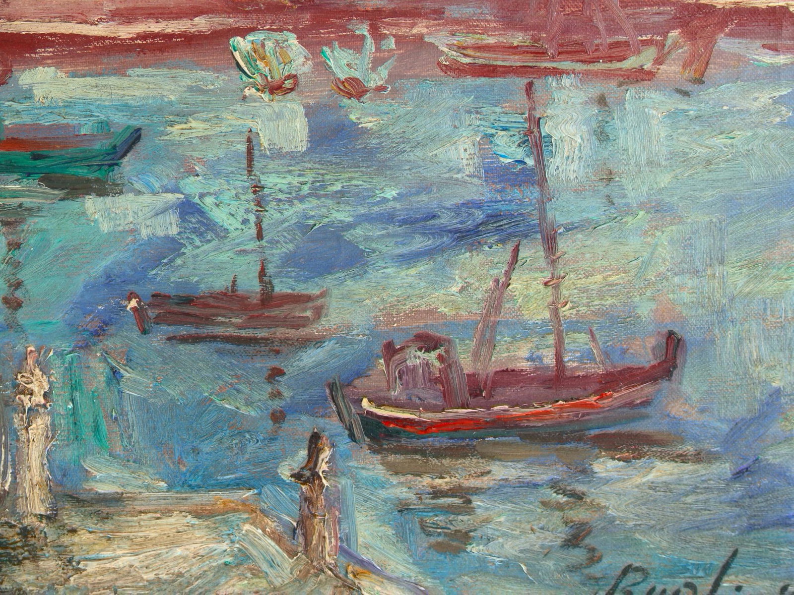 BURLIUK OIL PAINTING OF FLORIDA WITH POSTCARD: David Burliuk (Ukrainian/American 1882-1967) oil on canvas of Florida resort. Signed "Burliuk" lower right and under that, "Florida". This lot includes an accompanying postcard