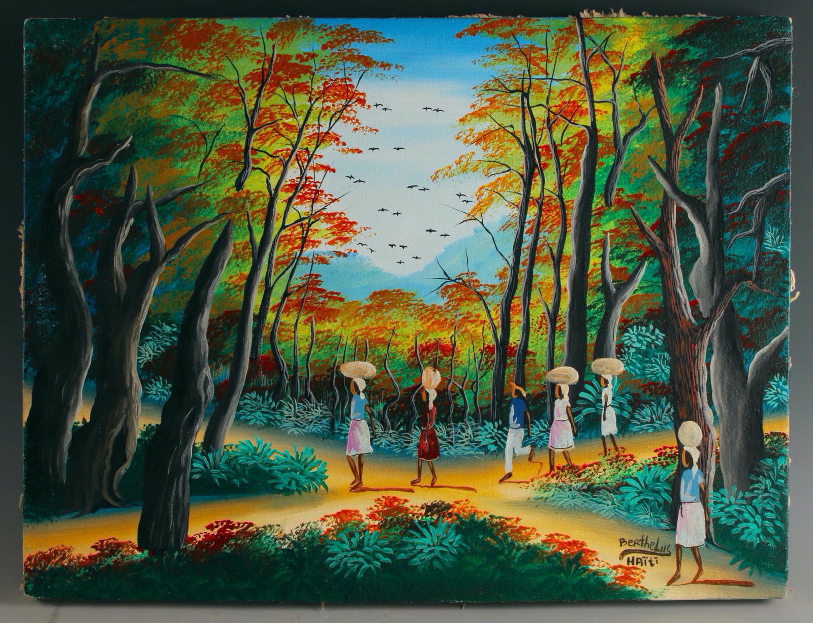 MAGICAL HAITIAN PAINTING OF BERTHE LUS HAITI: Animated trees lean toward each other over a crossroads where islanders carry goods on their heads. Signed with "Berthe Lus". 16" X 12" $200 - $400 Please contact us for hig