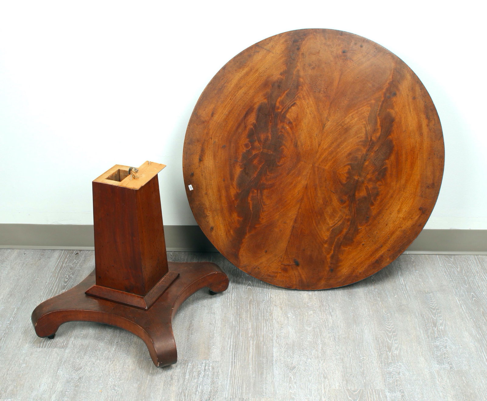 EMPIRE CENTER TABLE: Cut down from original height. Ready for restoration or to play top on a new base. Great pandemic project! 32" $100 - $200 Please contact us for high resolution images of this lot. S