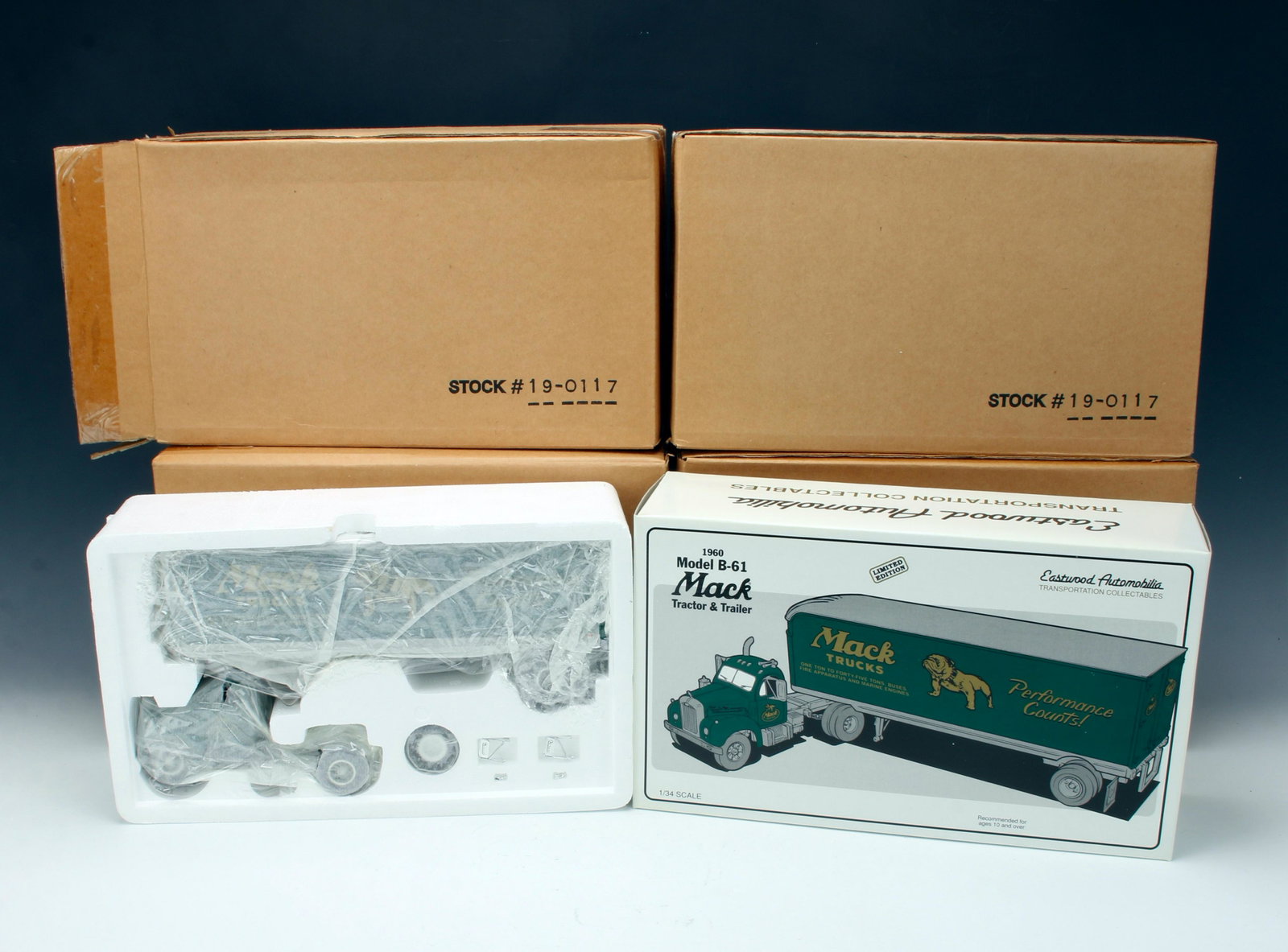 4 MAC TRACTOR & TRAILER STOCK # 19-0117: 1 opened, 3 unopened 13 1/2" X 8" X 4 1/4" $40 - $80 Please contact us for high resolution images of this lot. Shipping: We are able to pack and ship