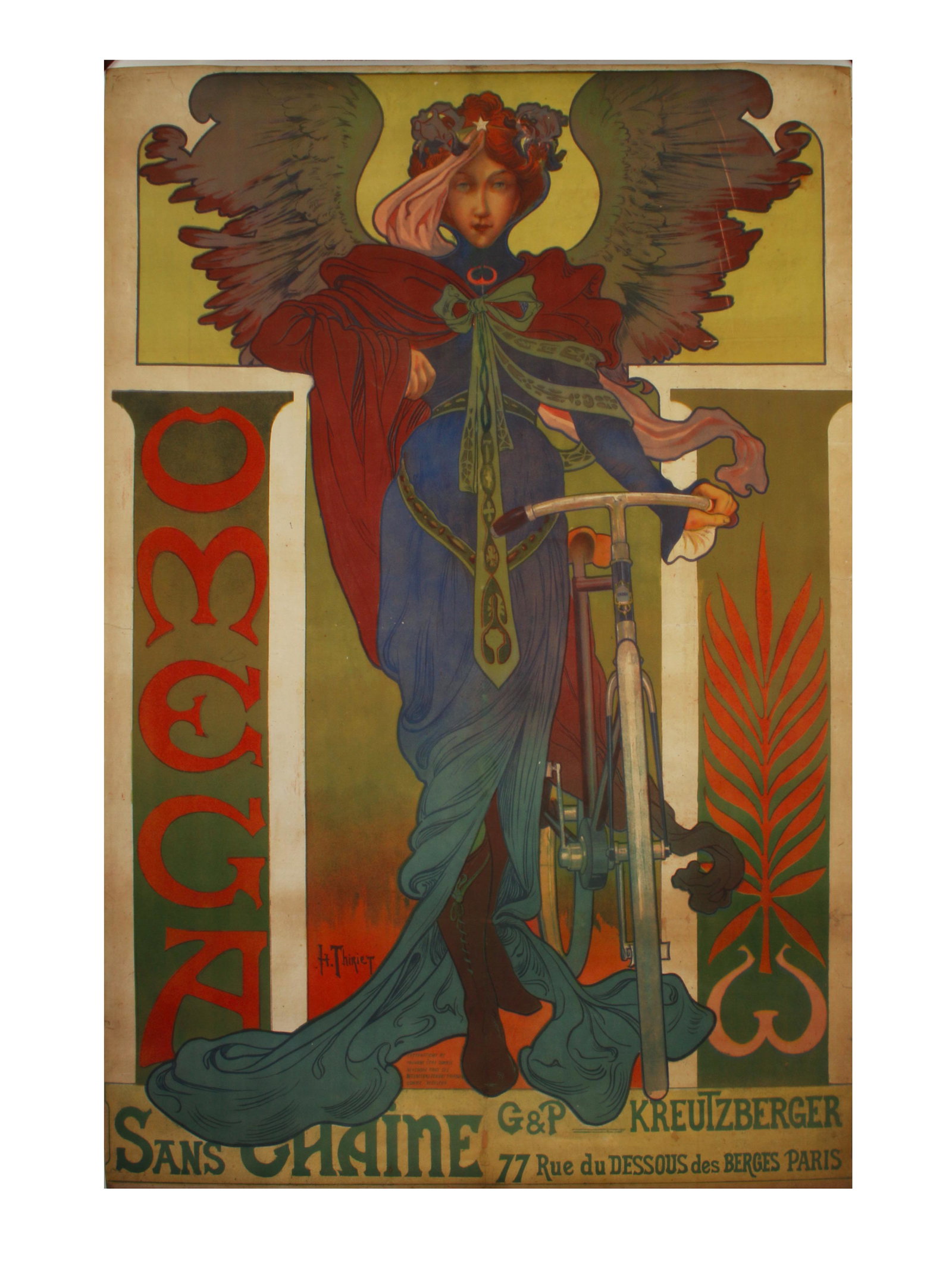 REPRO VINTAGE FRENCH OMEGA BICYCLE ANGEL PRINT: Reproduction Vintage French Art Nouveau Omega Bicycle Advertising Poster. Rolled for shipping. 44" X 60" $40 - $80 Please contact us for high resolut