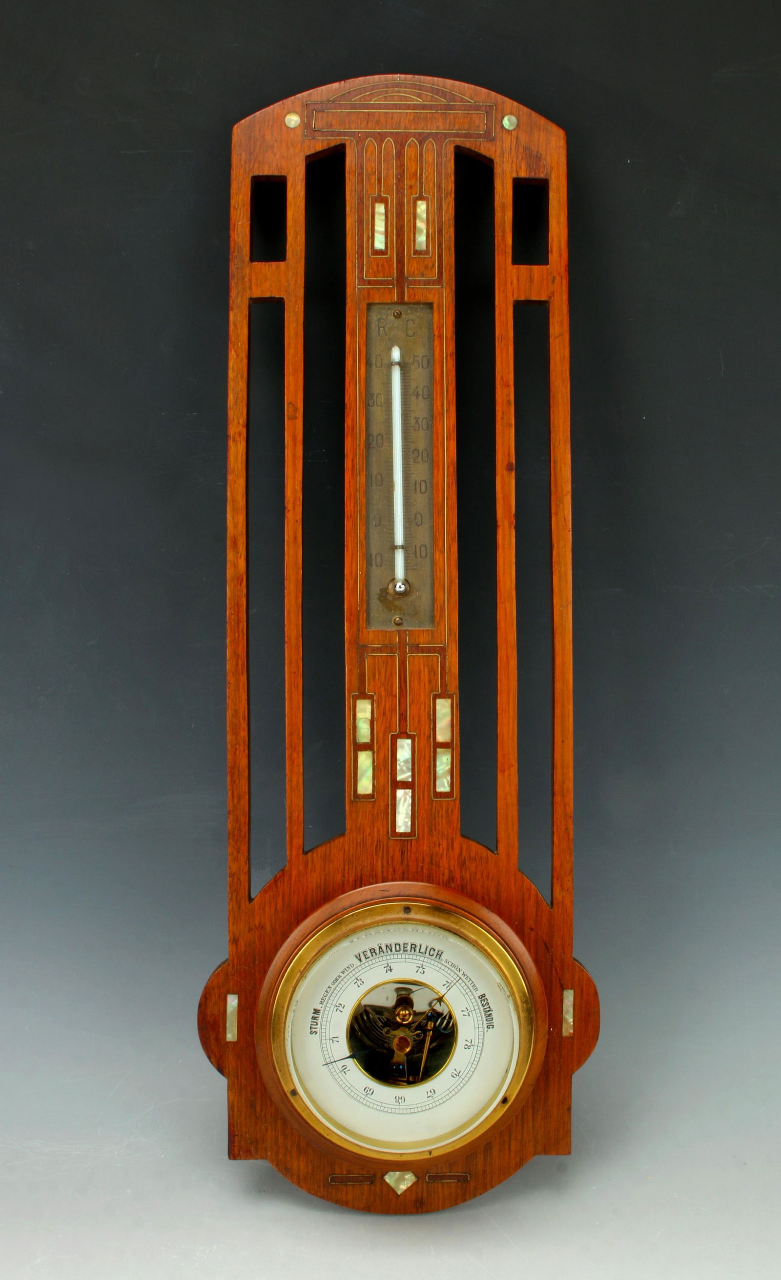 ARTS AND CRAFTS JUGENDSTIL BAROMETER: Rare Arts and Crafts Bauhaus Weimar Black Forest with inlaid