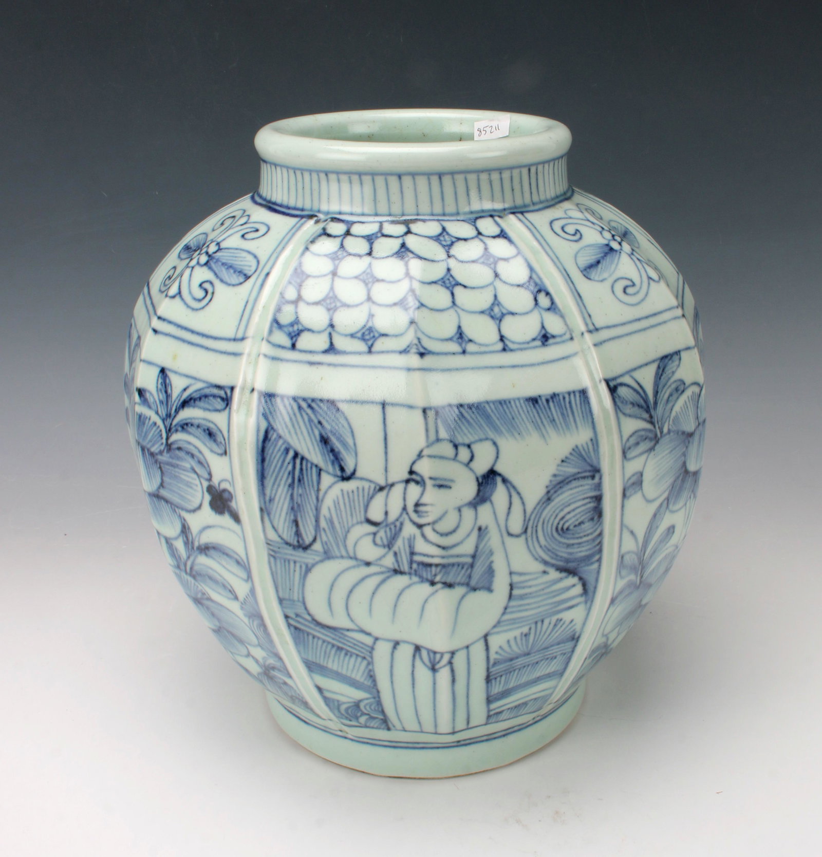 KOREAN BLUE & WHITE PORCELAIN JAR: Faceted sides that alternate between figures and garden scenes. Provenance: private collection. 9 1/2" x 8&q